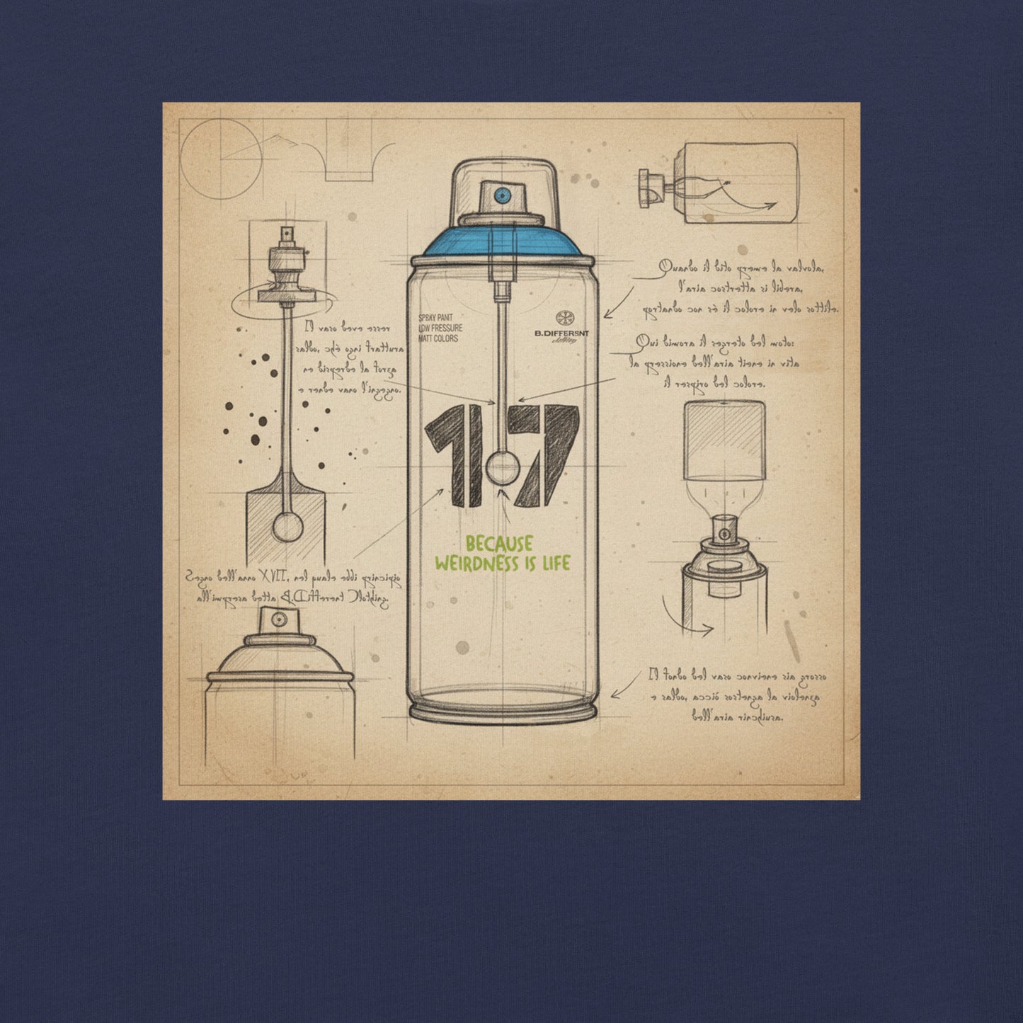 Navy-Spray Can Sketch Graffiti Tee from B.Different Clothing, graphic, graffiti-inspired streetwear t-shirt