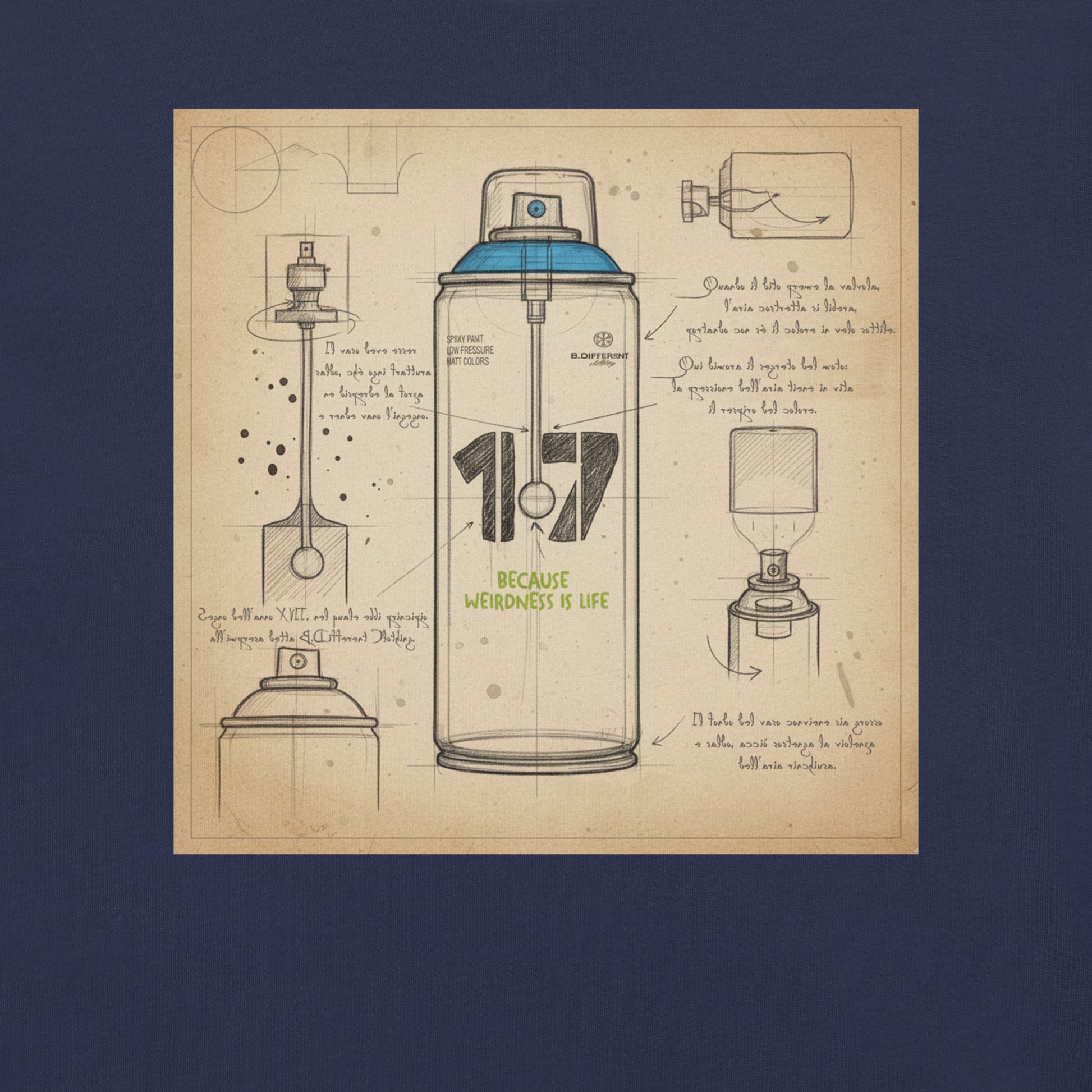 Navy-Spray Can Sketch Graffiti Tee from B.Different Clothing, graphic, graffiti-inspired streetwear t-shirt