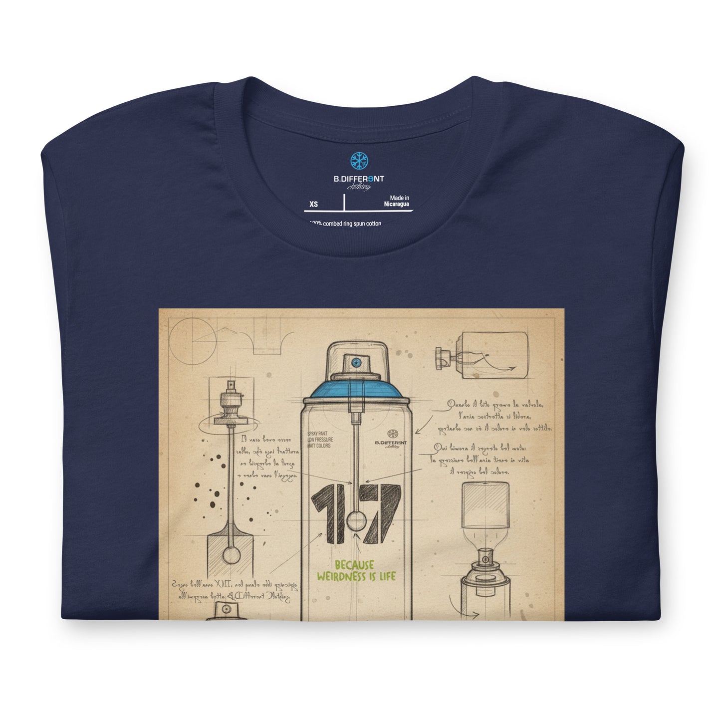 Navy-Spray Can Sketch Graffiti Tee from B.Different Clothing, folded, graffiti-inspired streetwear t-shirt