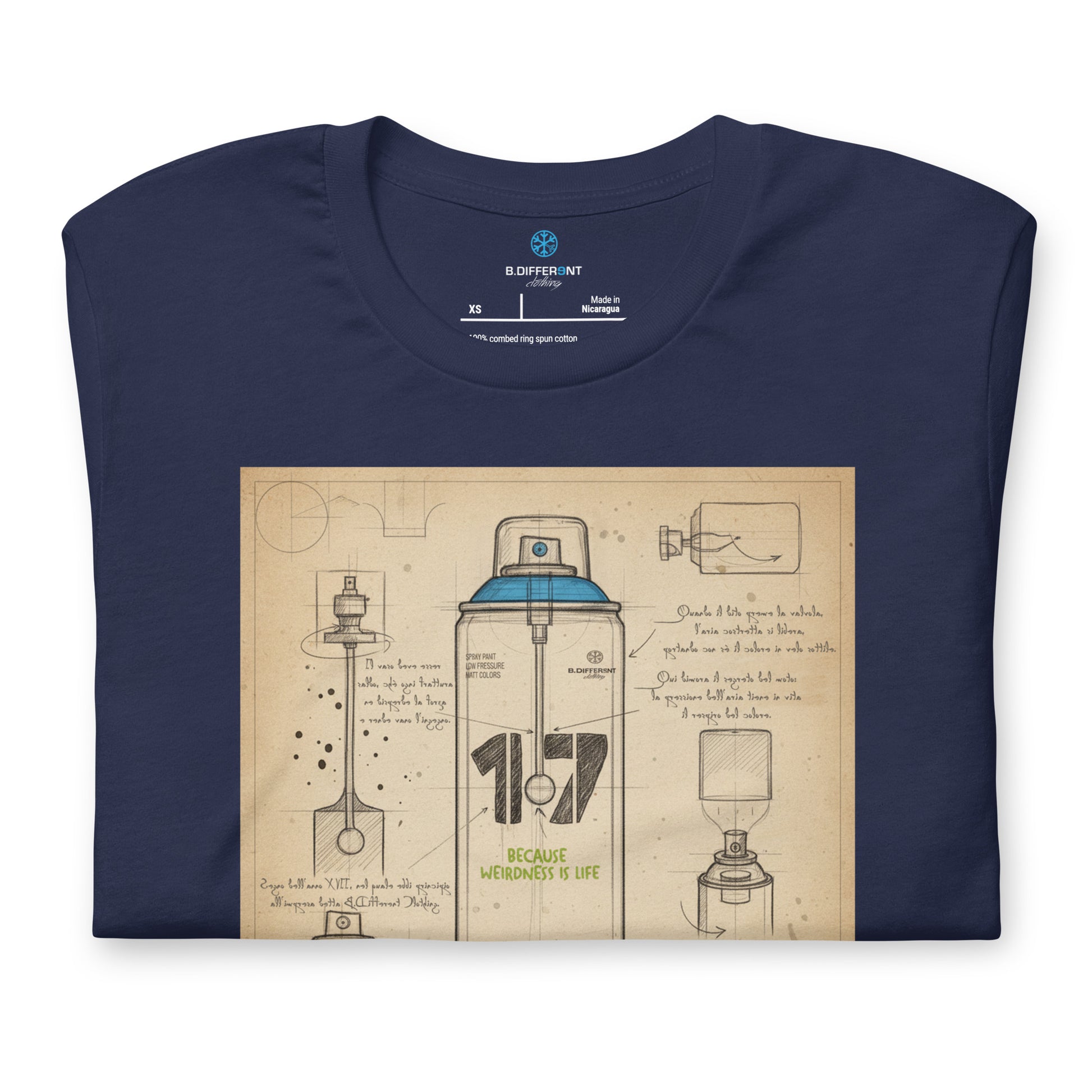 Navy-Spray Can Sketch Graffiti Tee from B.Different Clothing, folded, graffiti-inspired streetwear t-shirt