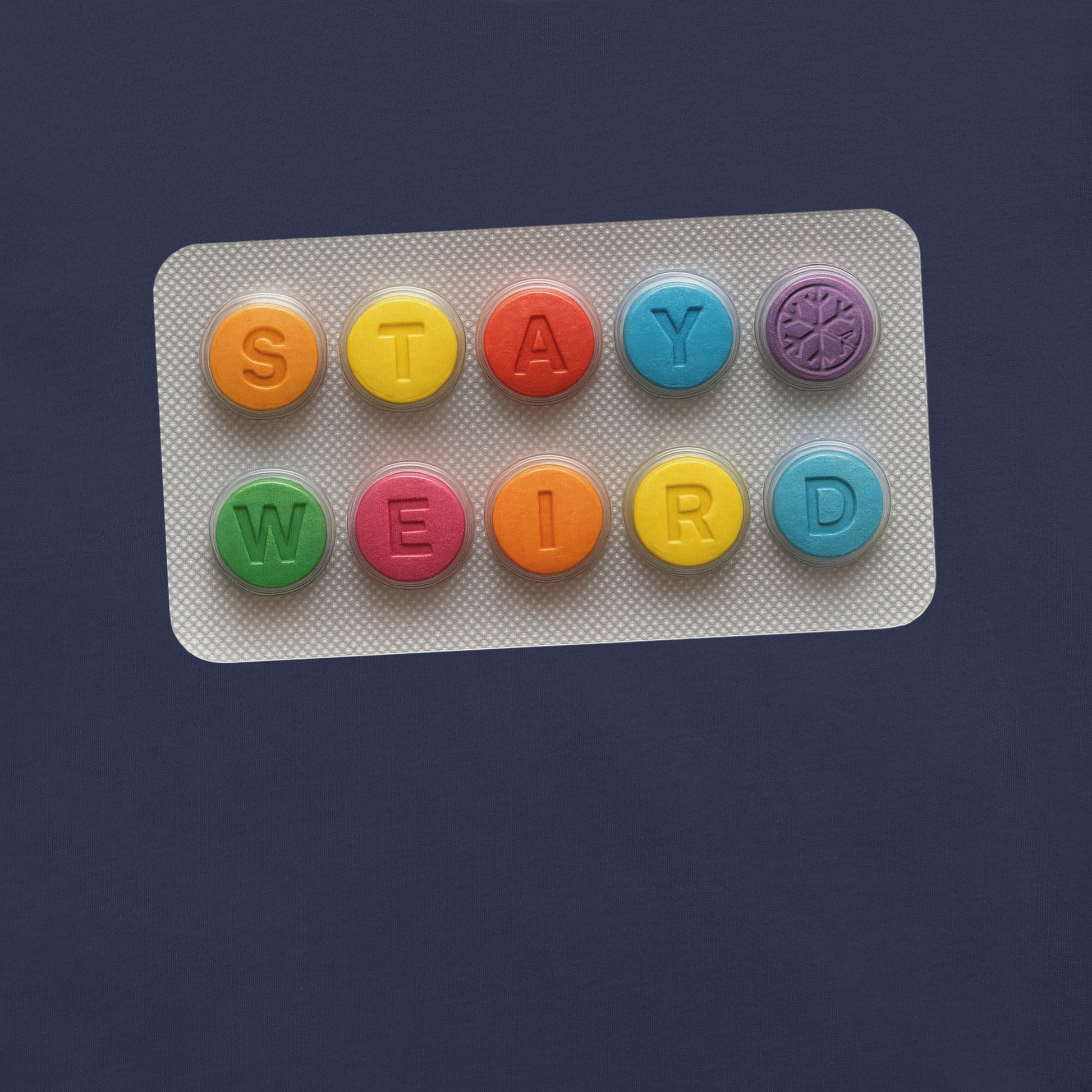 Navy-Stay Weird Pills Tee from B.Different Clothing, graphic, graffiti-inspired streetwear t-shirt