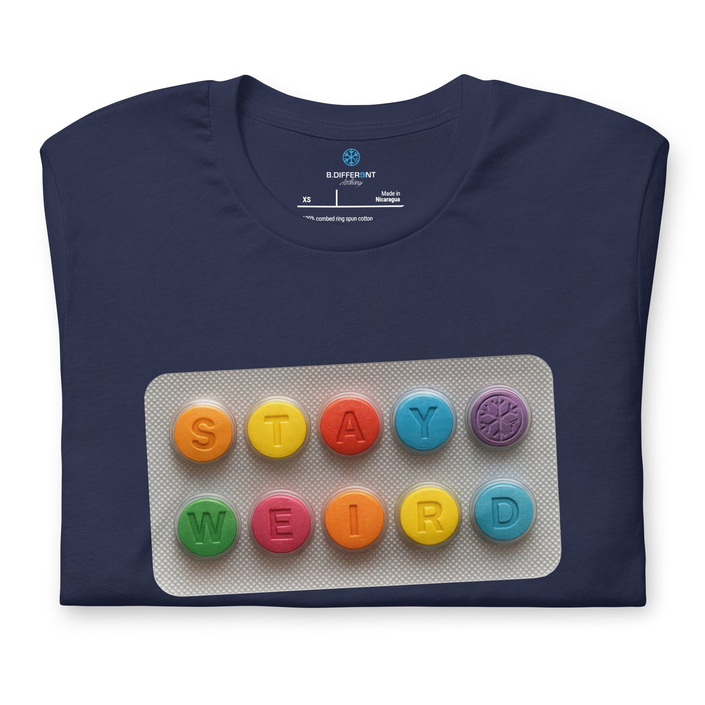 Navy-Stay Weird Pills Tee from B.Different Clothing, folded, graffiti-inspired streetwear t-shirt