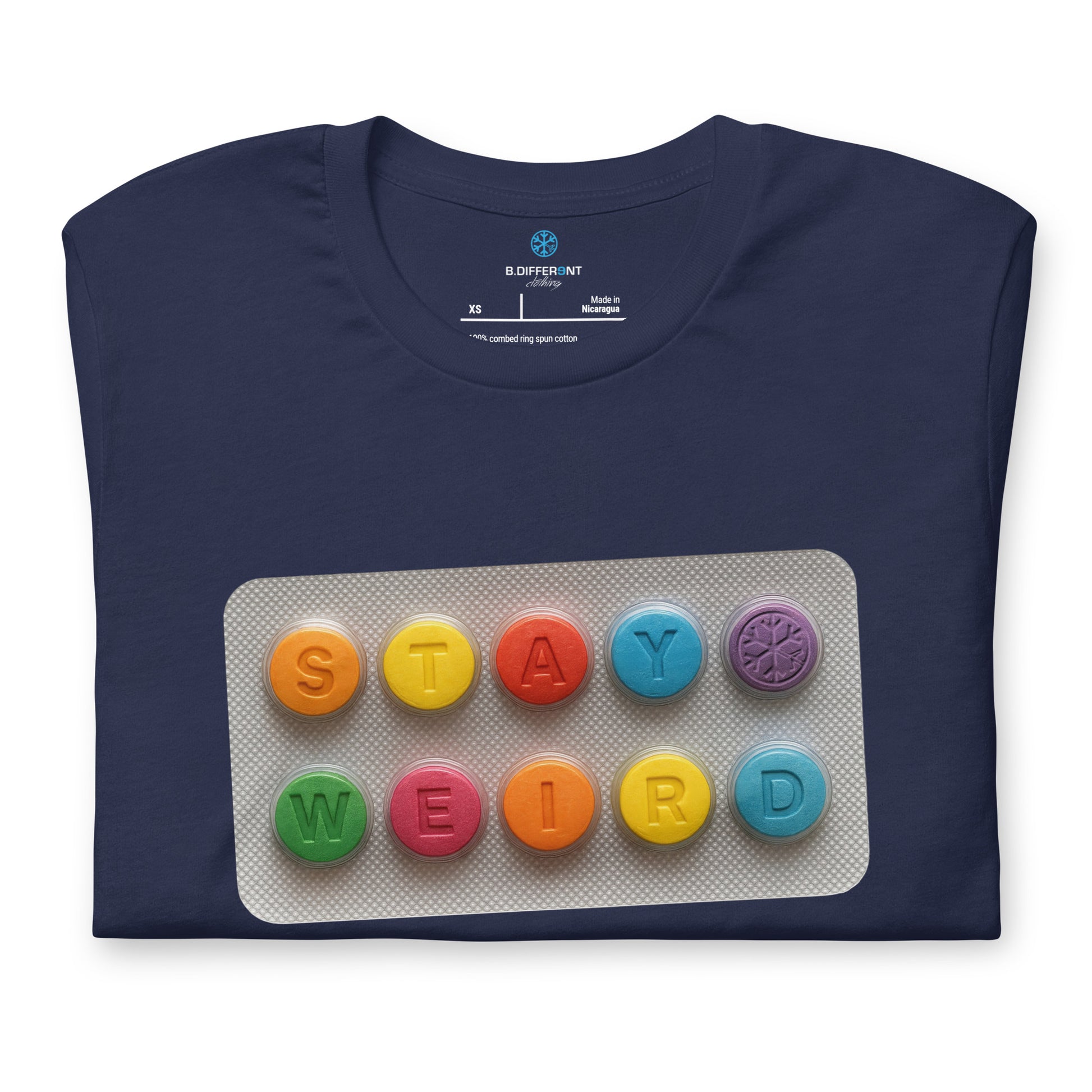 Navy-Stay Weird Pills Tee from B.Different Clothing, folded, graffiti-inspired streetwear t-shirt