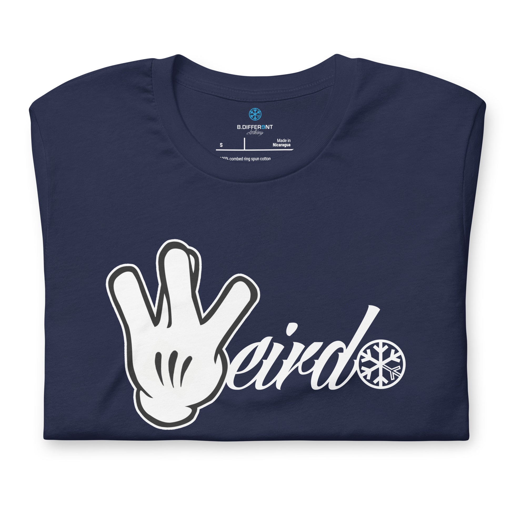 Navy-Weirdo Hand Sign Tee from B.Different Clothing, folded, graffiti-inspired streetwear t-shirt