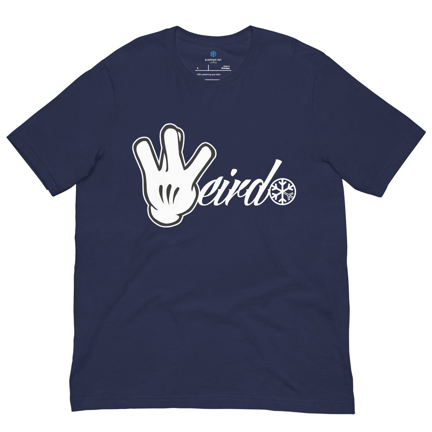 Navy-Weirdo Hand Sign Tee from B.Different Clothing, front view, graffiti-inspired streetwear t-shirt