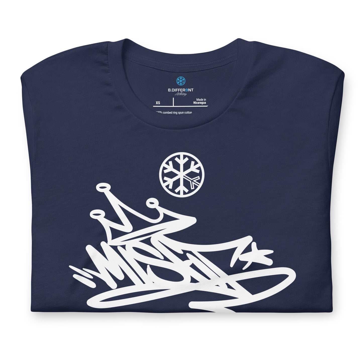 Navy-Misfit Graffiti Tag Tee from B.Different Clothing, folded, graffiti-inspired streetwear t-shirt