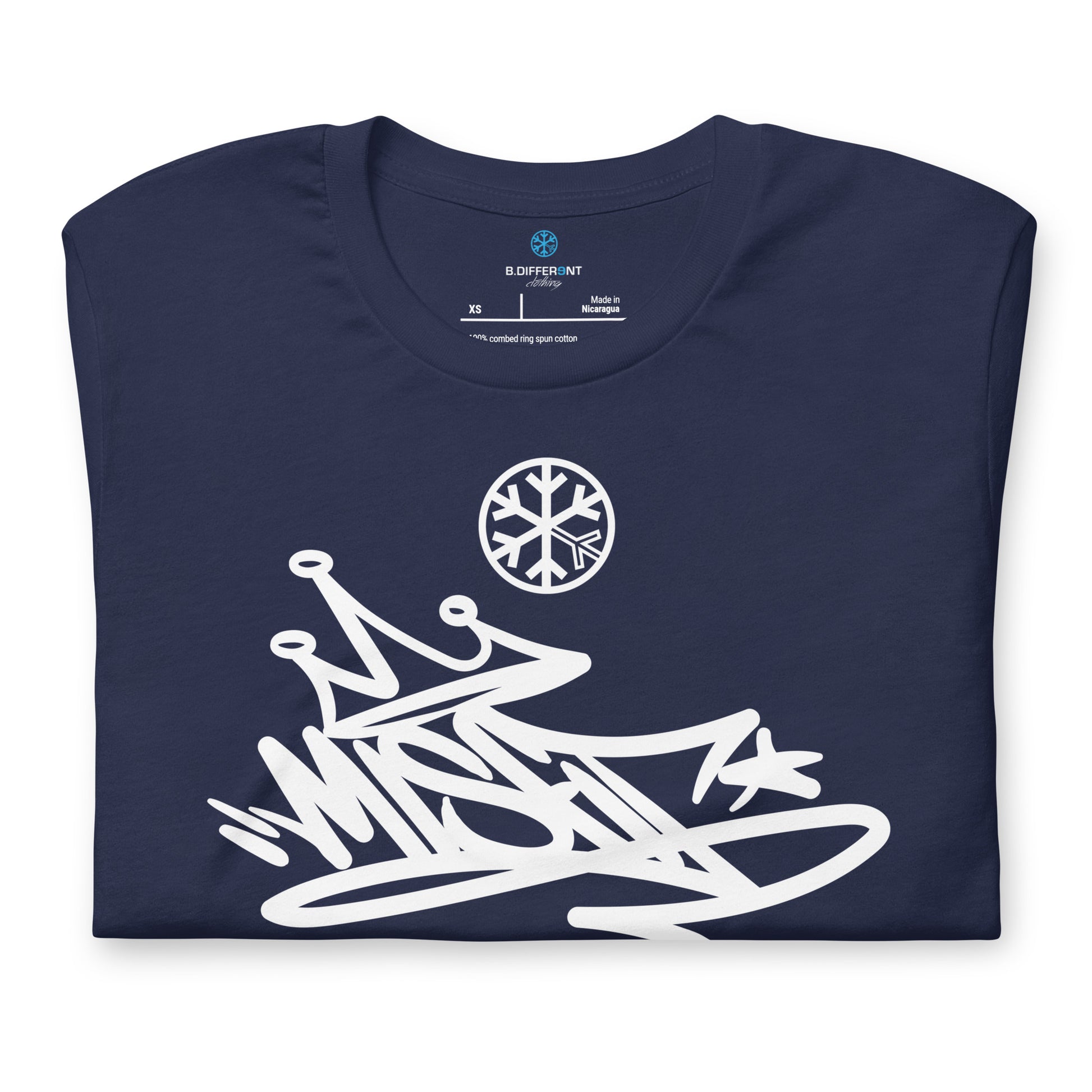 Navy-Misfit Graffiti Tag Tee from B.Different Clothing, folded, graffiti-inspired streetwear t-shirt