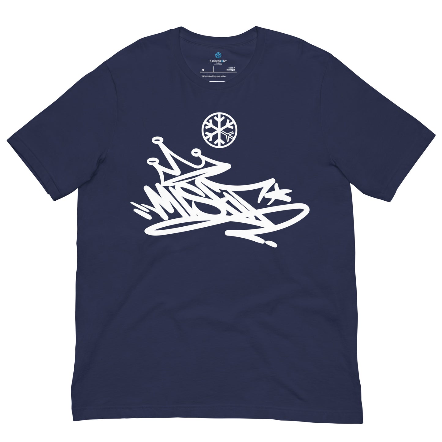 Navy-Misfit Graffiti Tag Tee from B.Different Clothing, front view, graffiti-inspired streetwear t-shirt