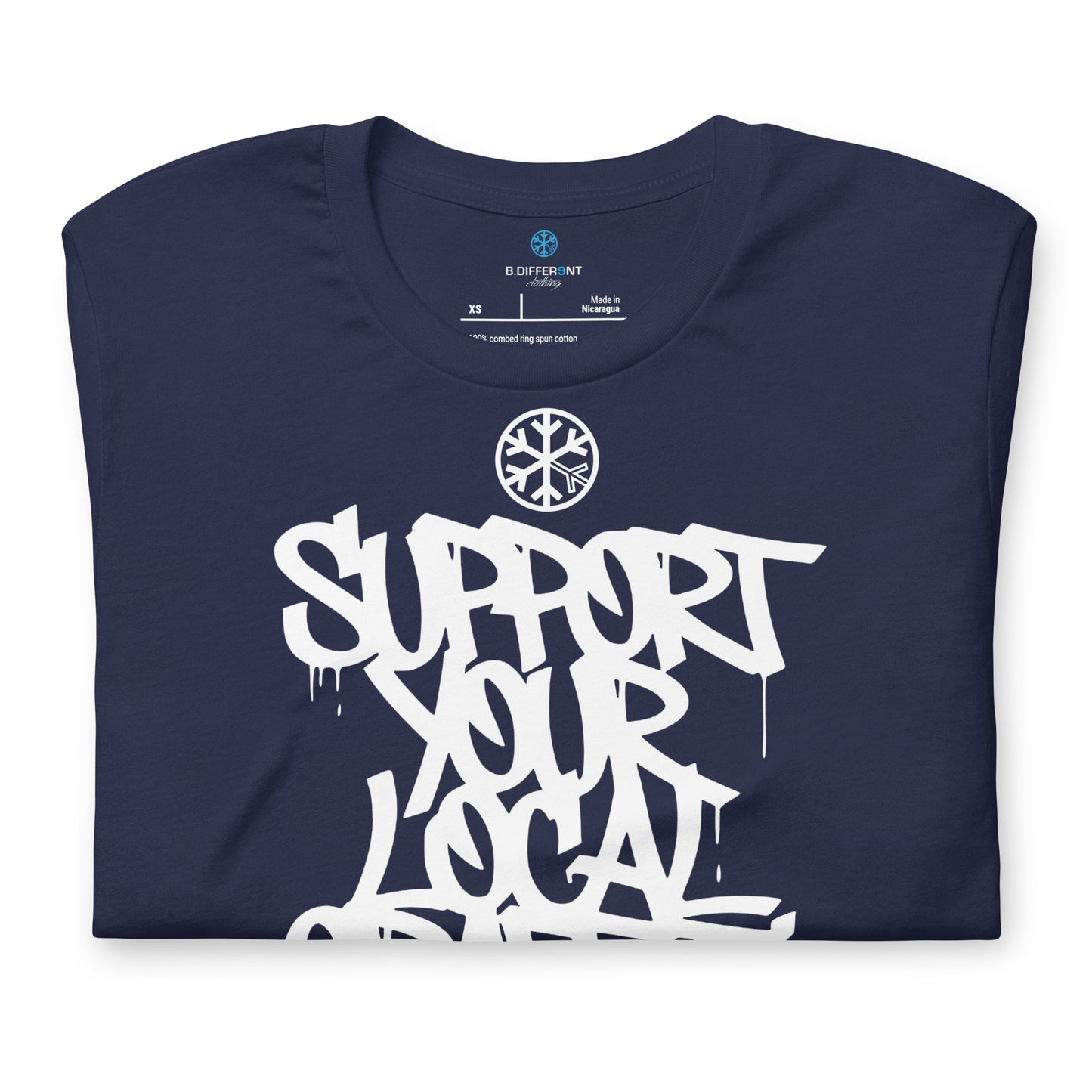 Navy-Support Your Local Graffiti Artists Tee from B.Different Clothing, folded, graffiti-inspired streetwear t-shirt