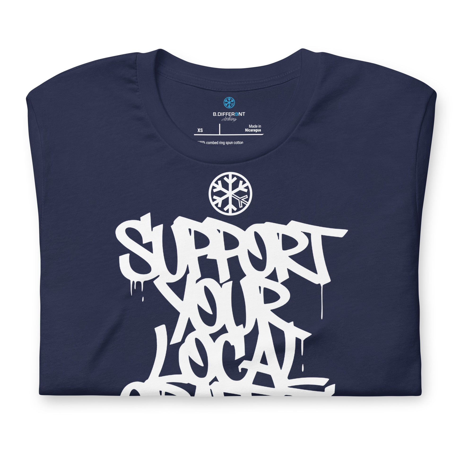 Navy-Support Your Local Graffiti Artists Tee from B.Different Clothing, folded, graffiti-inspired streetwear t-shirt