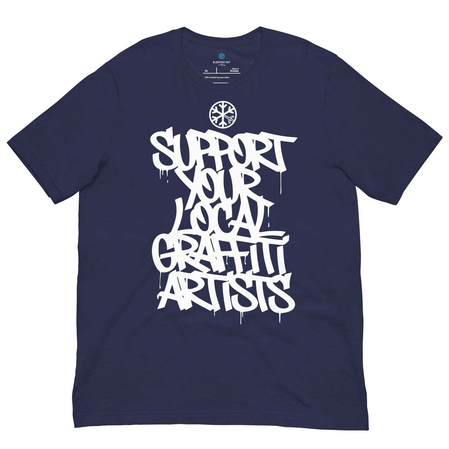 Navy-Support Your Local Graffiti Artists Tee from B.Different Clothing, front view, graffiti-inspired streetwear t-shirt