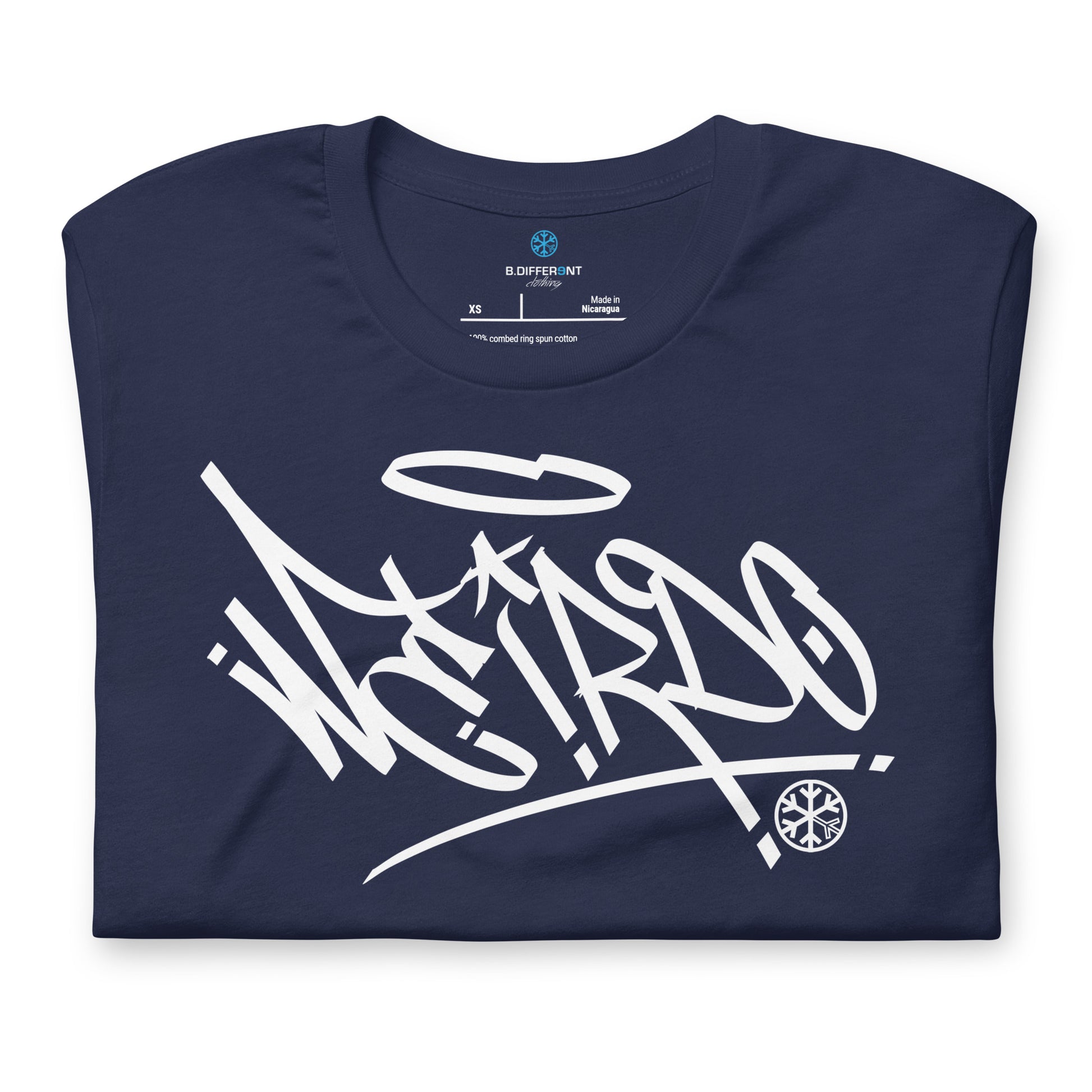 Navy-Weirdo Tag Graffiti Tee from B.Different Clothing, folded, graffiti-inspired streetwear t-shirt