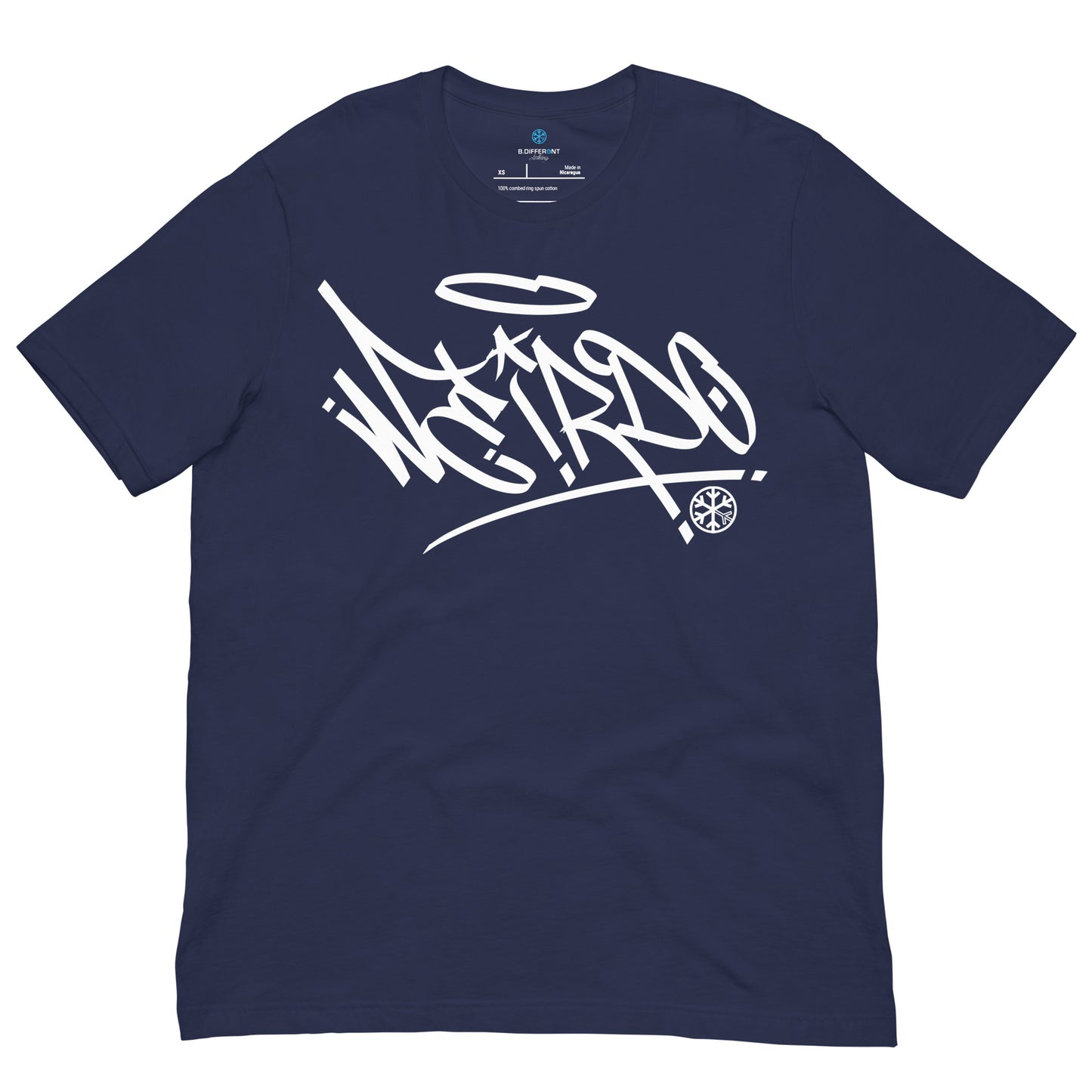 Navy-Weirdo Tag Graffiti Tee from B.Different Clothing, front view, graffiti-inspired streetwear t-shirt