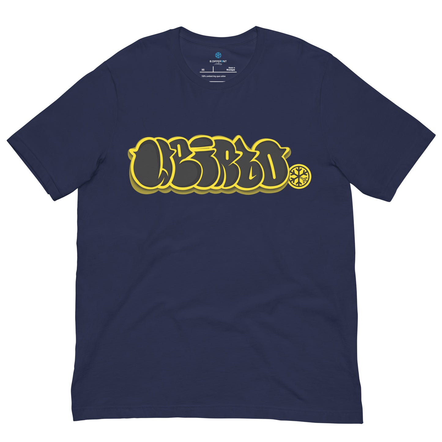 Navy-Weirdo Graffiti Throwie Tee from B.Different Clothing, front view, graffiti-inspired streetwear t-shirt
