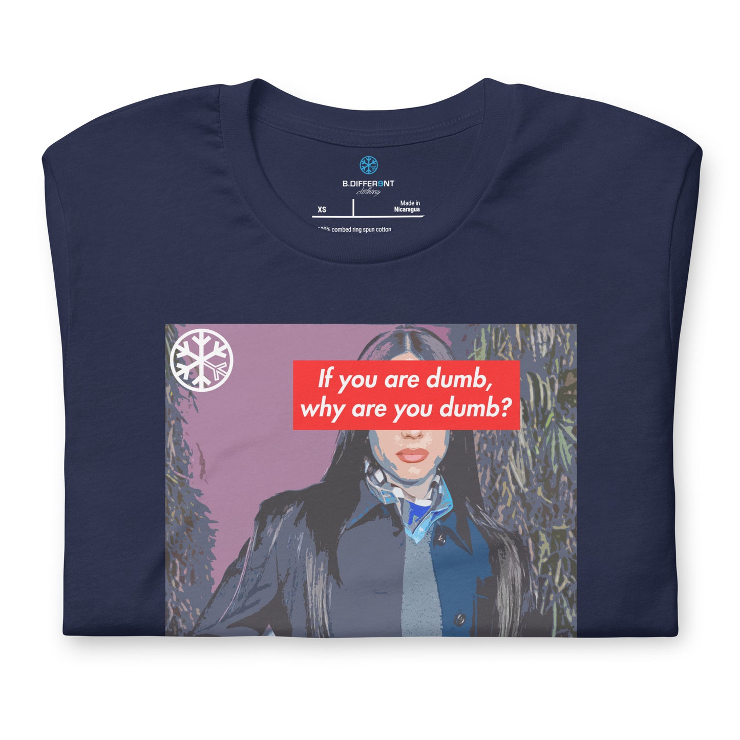 Navy-Why Are You Dumb Tee from B.Different Clothing, folded, graffiti-inspired streetwear t-shirt