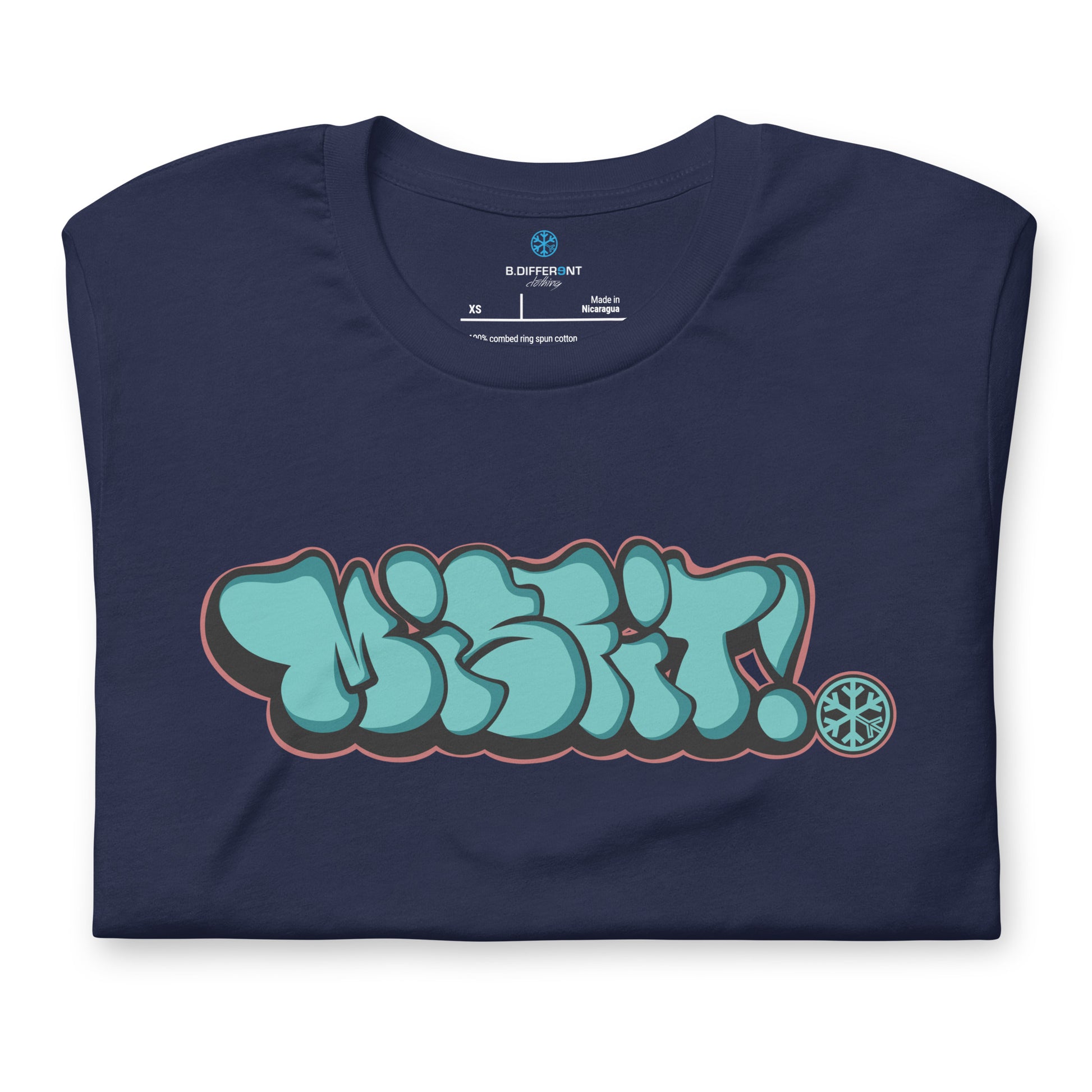 Navy-Misfit Graffiti Throwie Tee from B.Different Clothing, folded, graffiti-inspired streetwear t-shirt