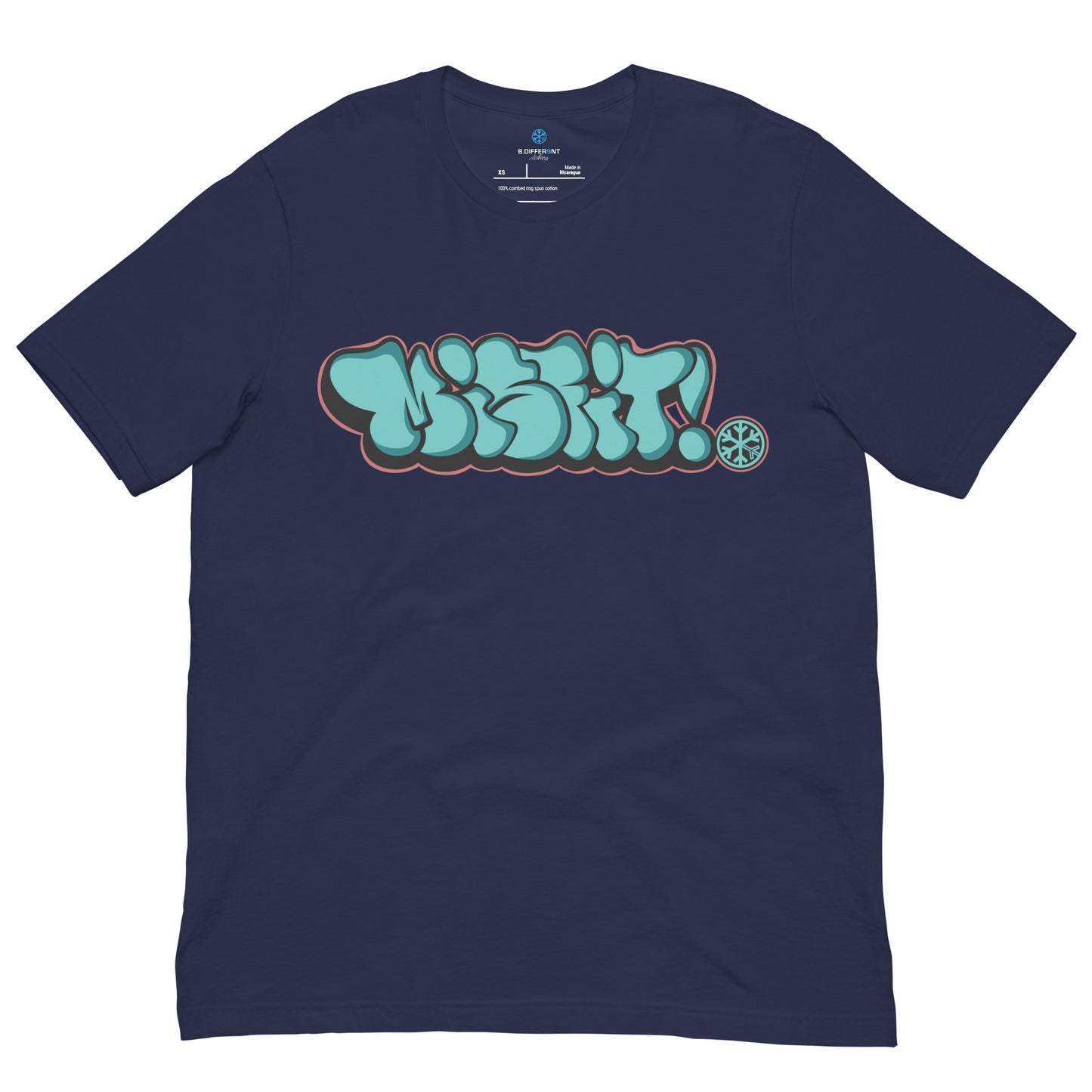 Navy-Misfit Graffiti Throwie Tee from B.Different Clothing, front view, graffiti-inspired streetwear t-shirt