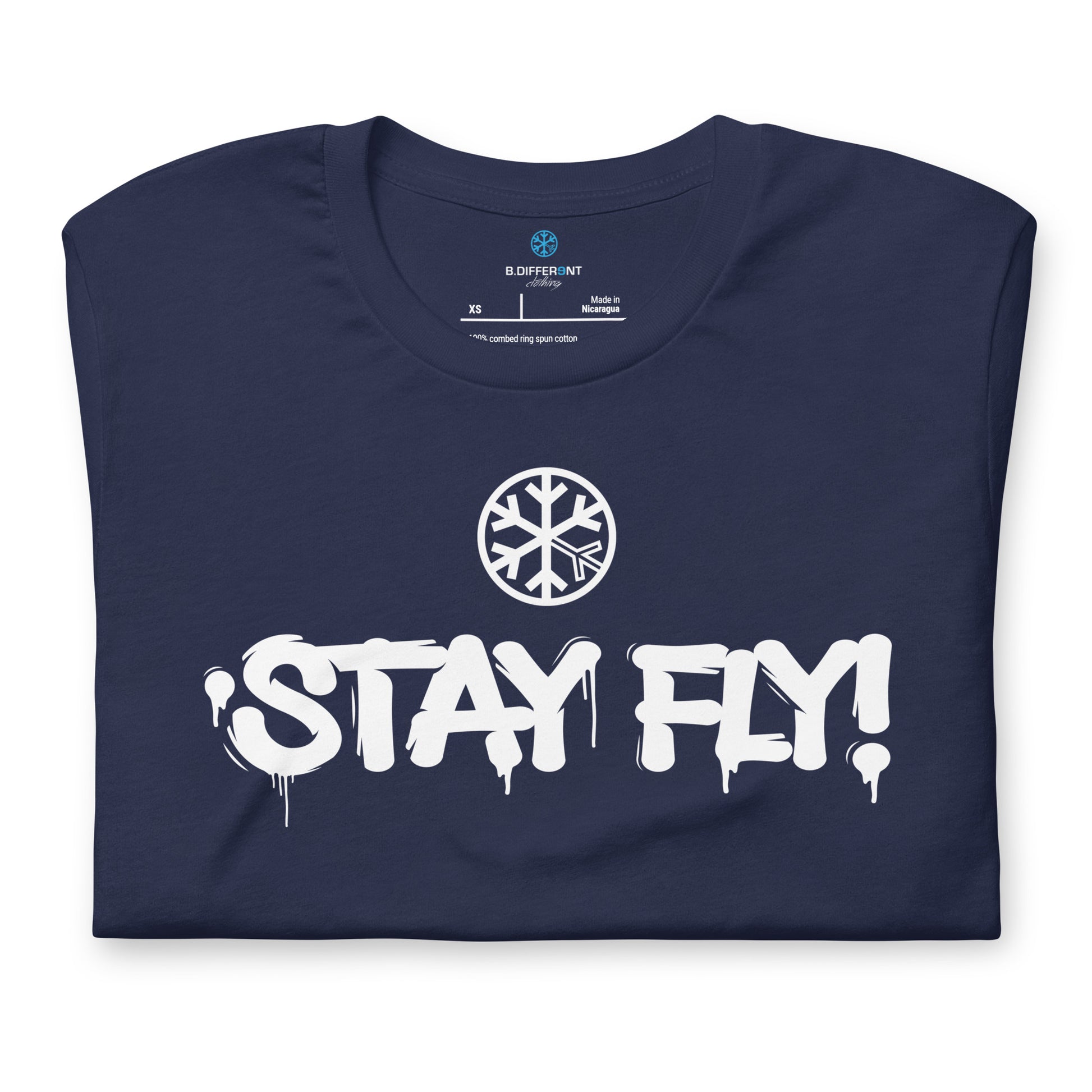Navy-Stay Fly Graffiti Tag Tee from B.Different Clothing, folded, graffiti-inspired streetwear t-shirt