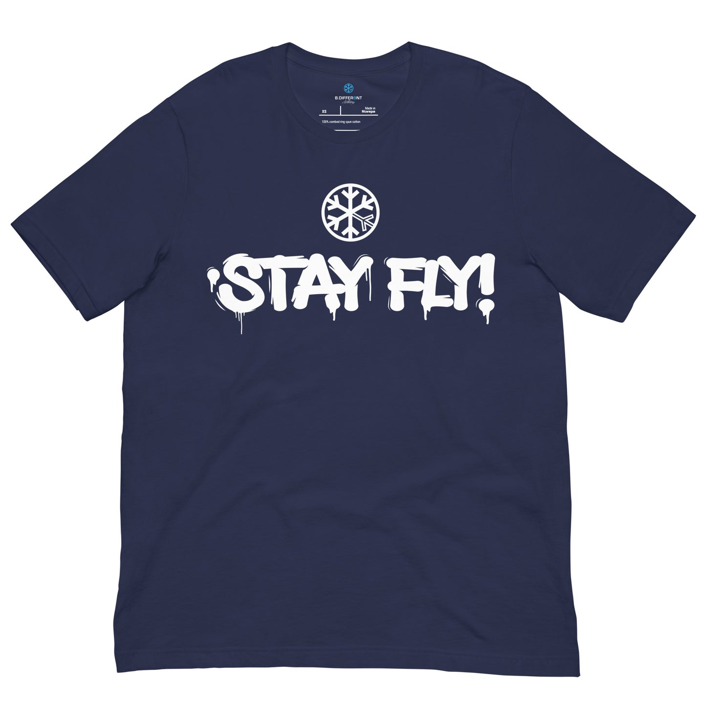 Navy-Stay Fly Graffiti Tag Tee from B.Different Clothing, front view, graffiti-inspired streetwear t-shirt