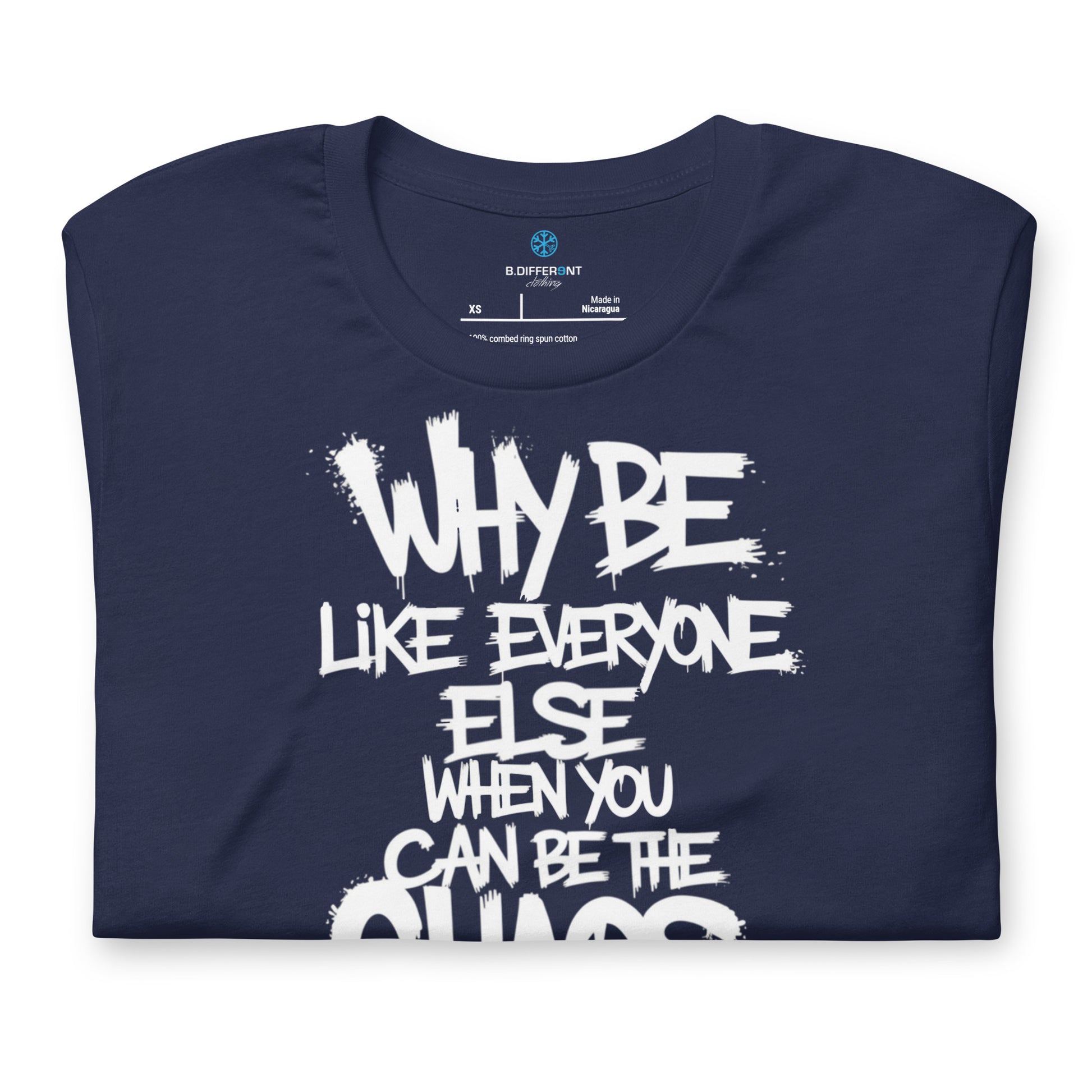 Navy-Chaos They Fear Graffiti Tag Tee from B.Different Clothing, folded, graffiti-inspired streetwear t-shirt