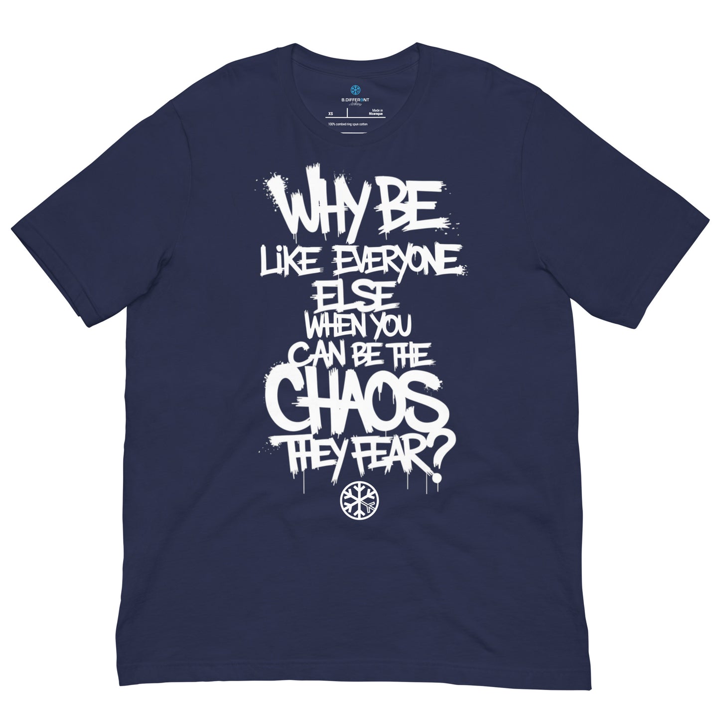 Navy-Chaos They Fear Graffiti Tag Tee from B.Different Clothing, front view, graffiti-inspired streetwear t-shirt