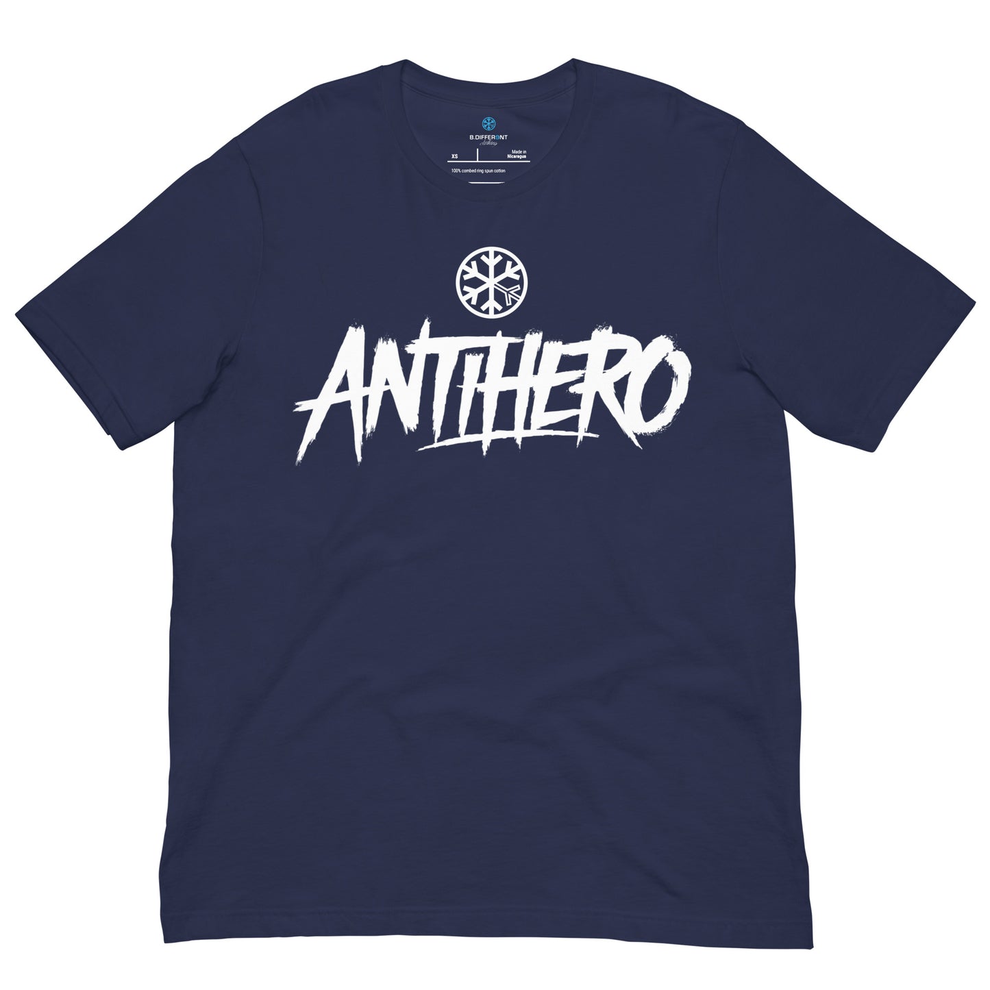 Navy-Antihero Graffiti Tag Tee from B.Different Clothing, front view, graffiti-inspired streetwear t-shirt