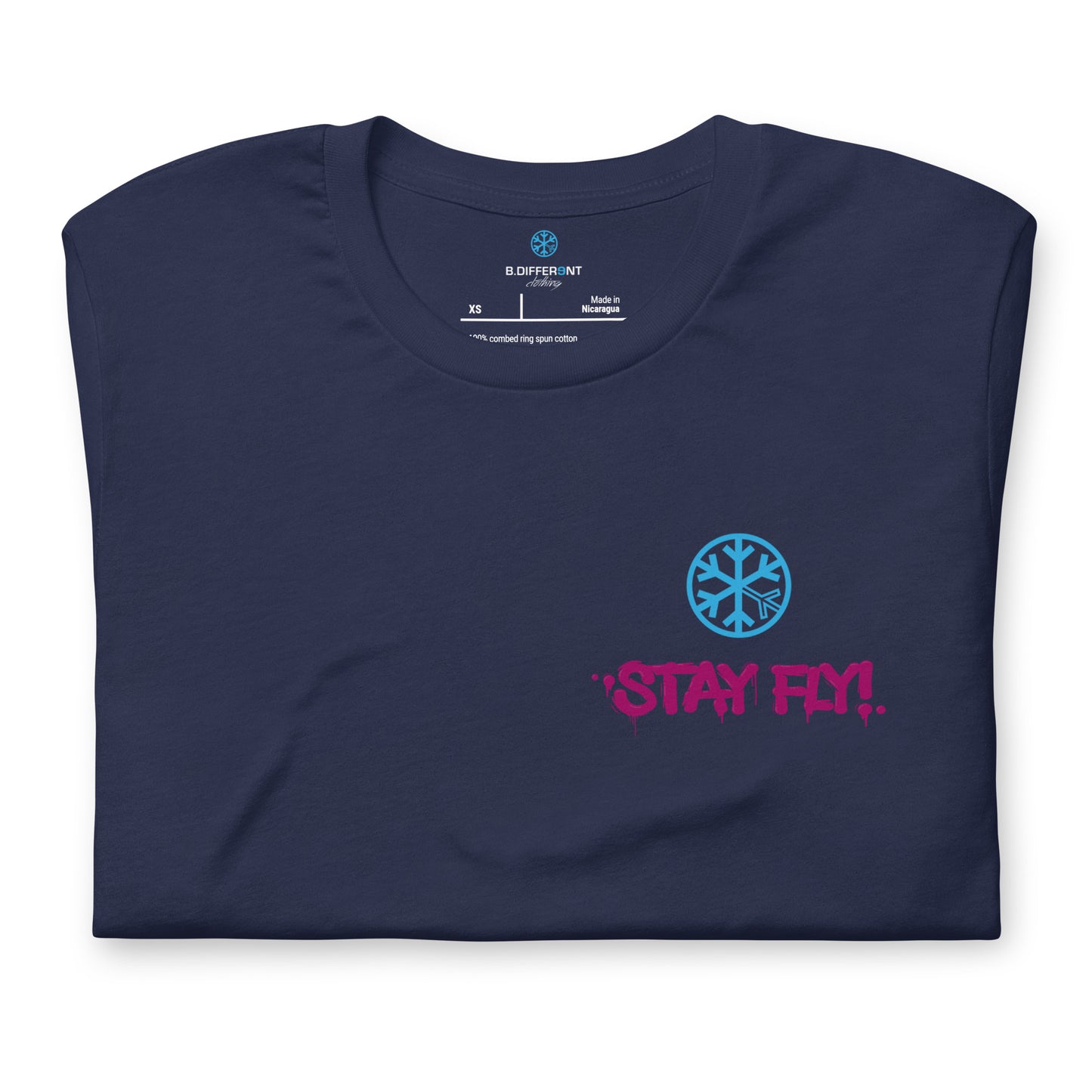 Navy-Stay Fly Graffiti Character Tee from B.Different Clothing, folded, graffiti-inspired streetwear t-shirt
