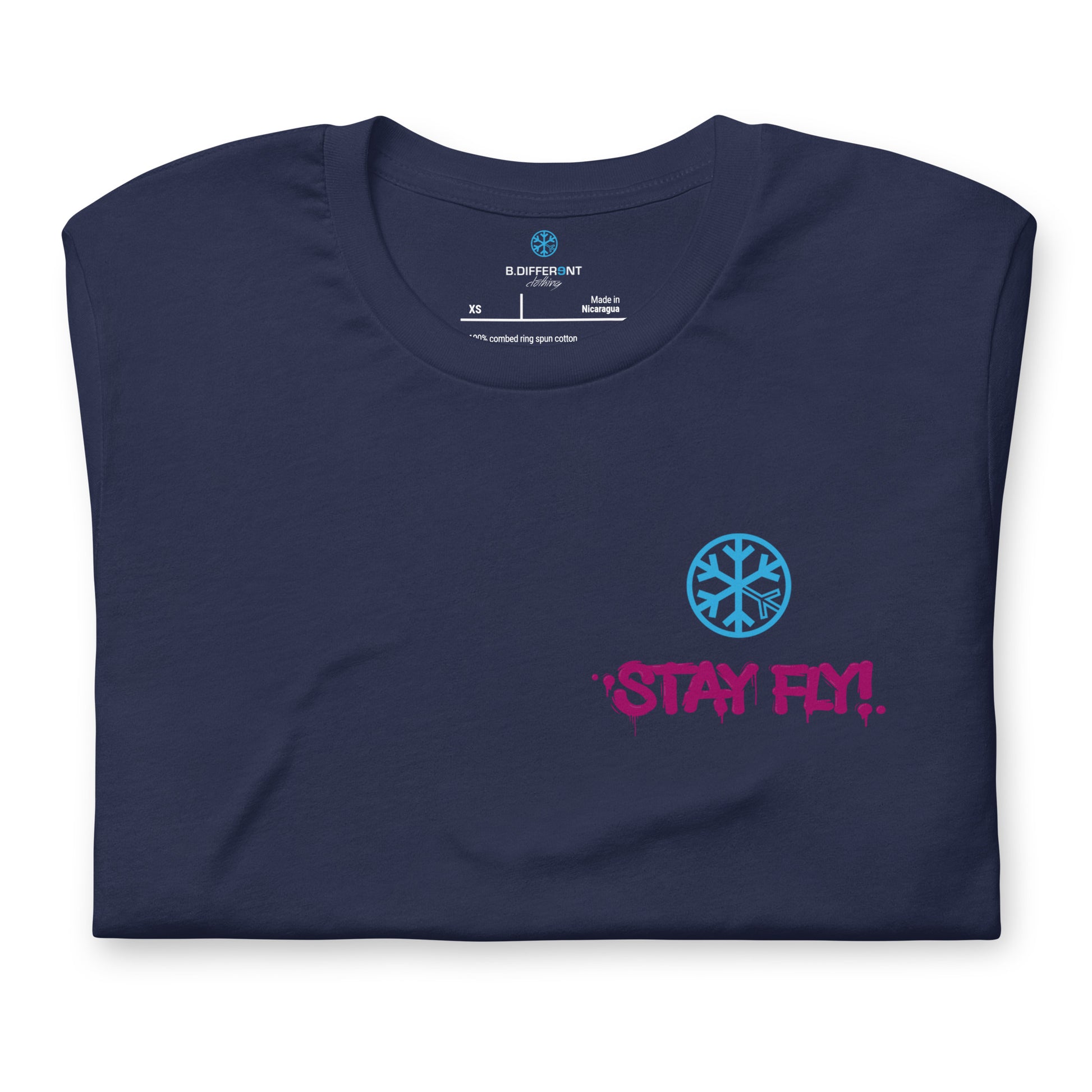 Navy-Stay Fly Graffiti Character Tee from B.Different Clothing, folded, graffiti-inspired streetwear t-shirt