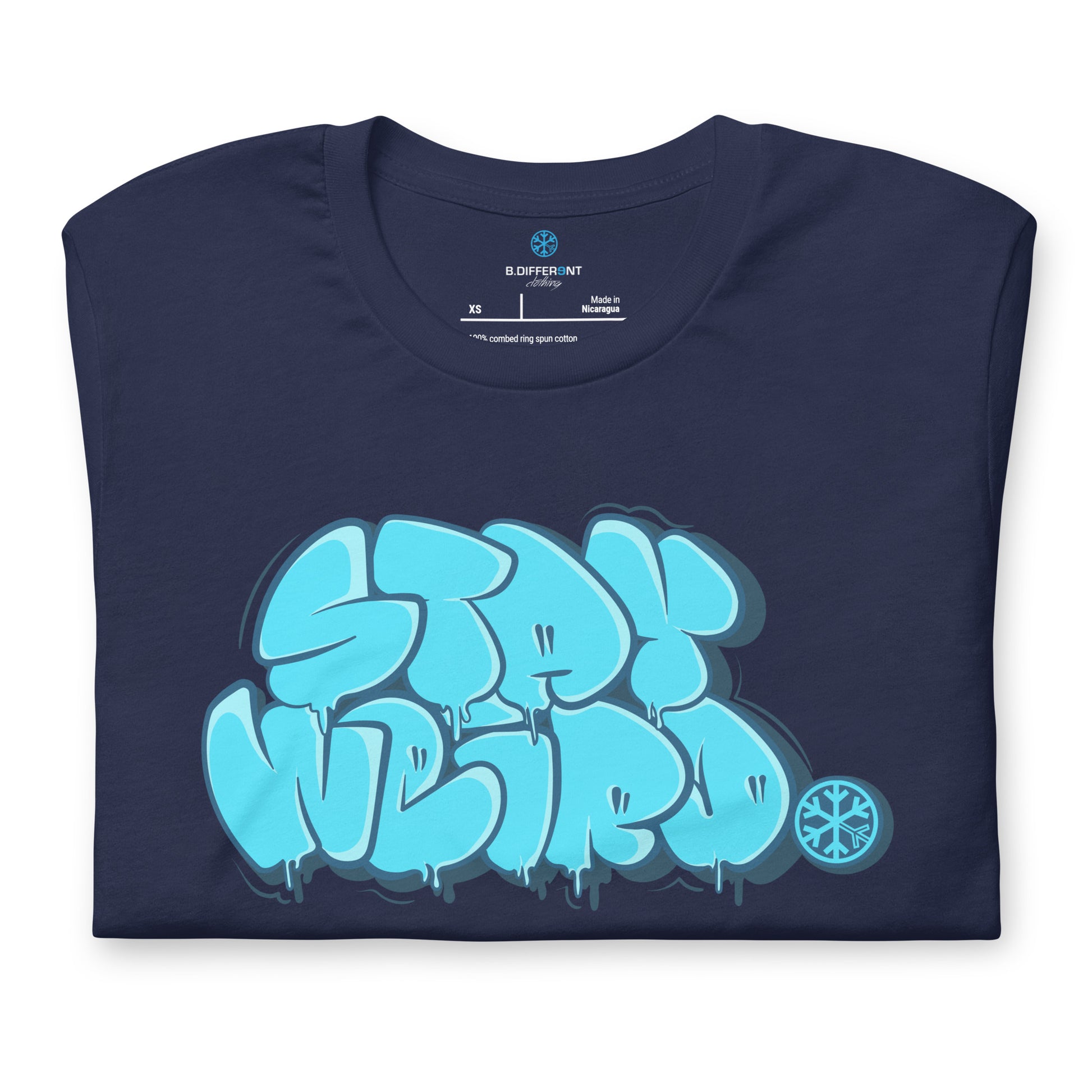 Navy-Stay Weird Graffiti Throw-up Tee from B.Different Clothing, folded, graffiti-inspired streetwear t-shirt