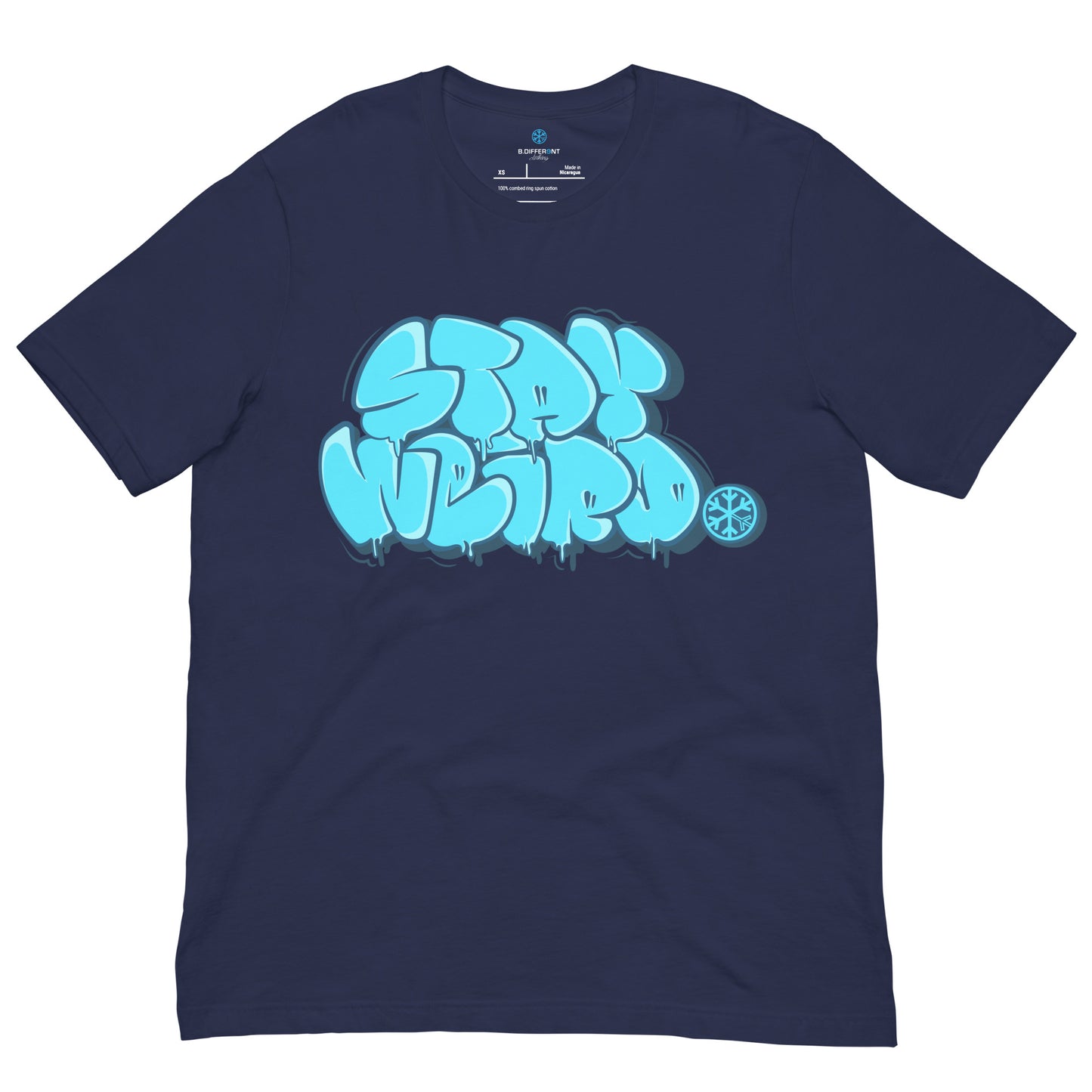 Navy-Stay Weird Graffiti Throw-up Tee from B.Different Clothing, front view, graffiti-inspired streetwear t-shirt