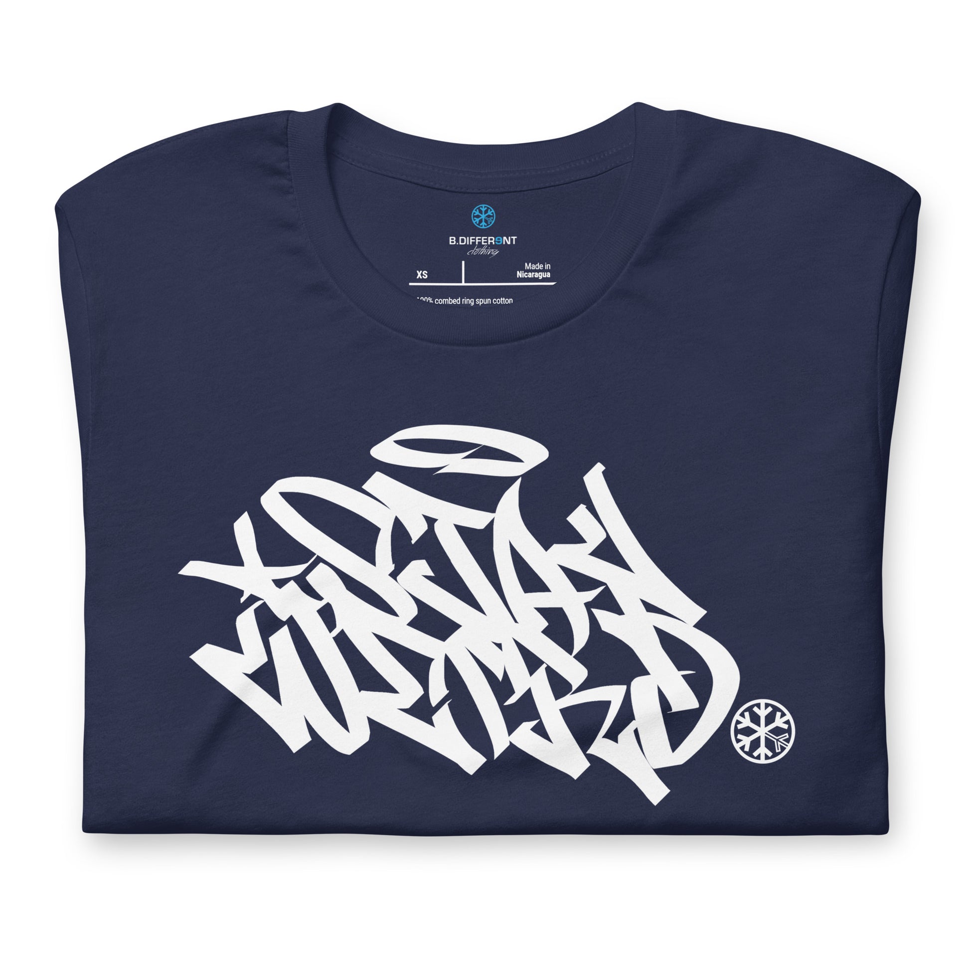 Navy-Stay Weird Graffiti Tag Tee from B.Different Clothing, folded, graffiti-inspired streetwear t-shirt