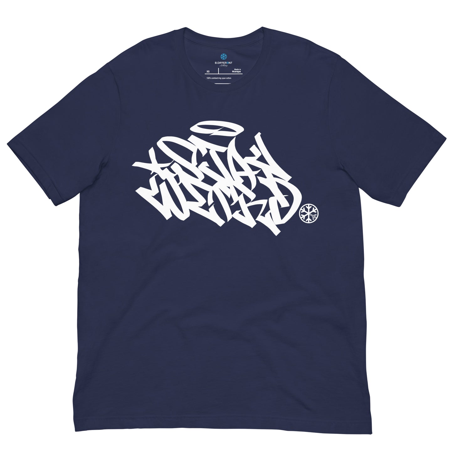 Navy-Stay Weird Graffiti Tag Tee from B.Different Clothing, front view, graffiti-inspired streetwear t-shirt