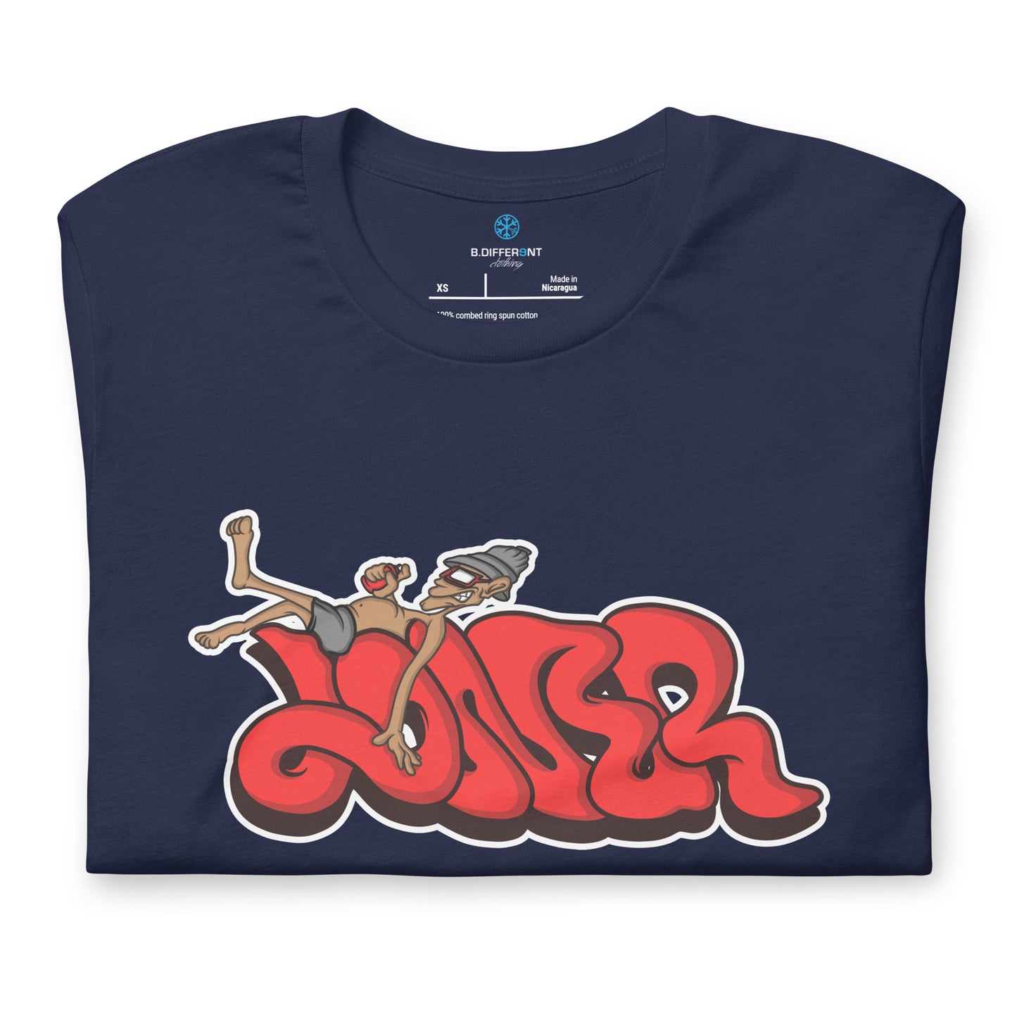 Navy-Loner Graffiti Piece Tee from B.Different Clothing, folded, graffiti-inspired streetwear t-shirt