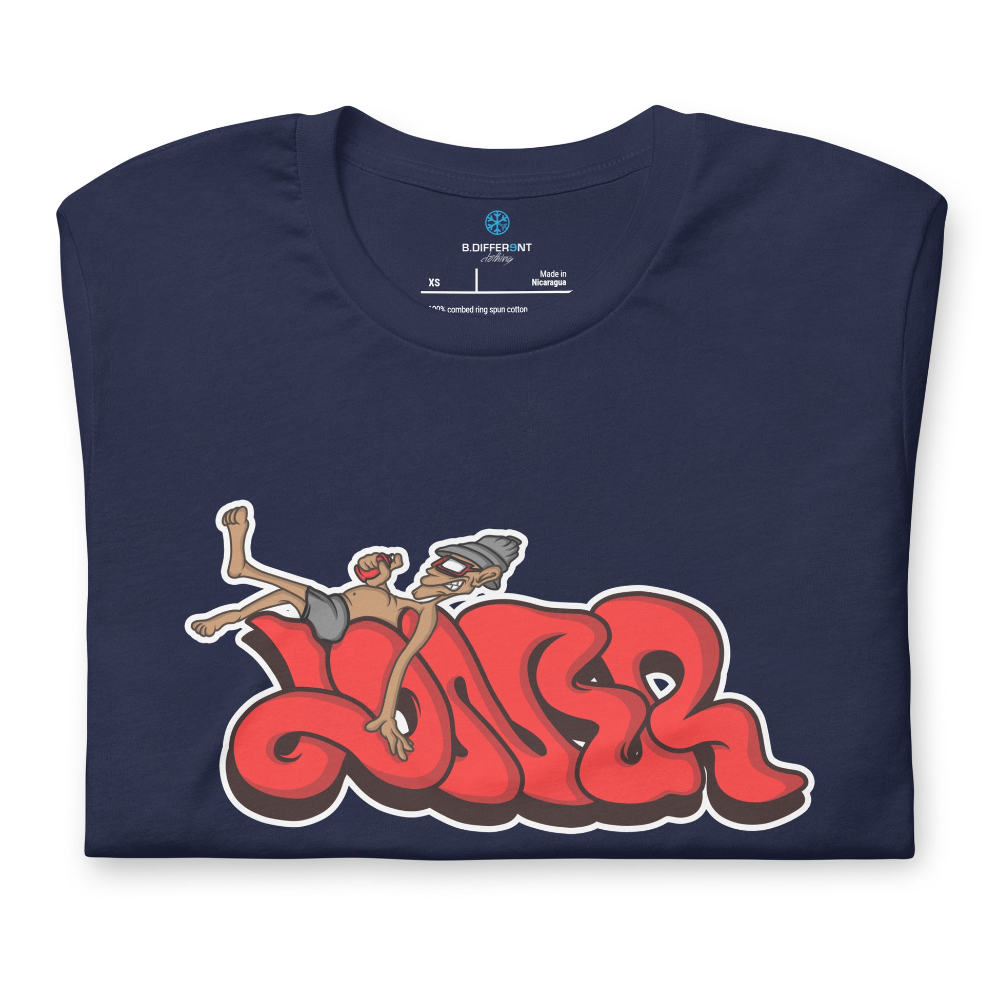 Navy-Loner Graffiti Piece Tee from B.Different Clothing, folded, graffiti-inspired streetwear t-shirt
