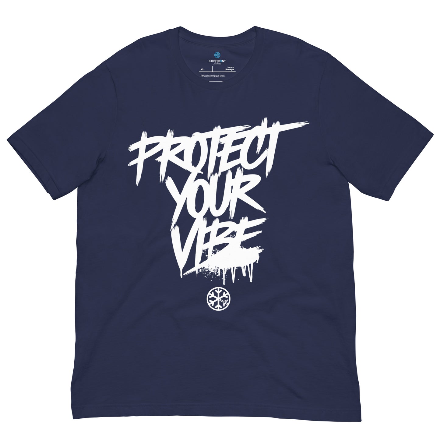 Navy-Protect Your Vibe Graffiti Tag Tee from B.Different Clothing, front view, graffiti-inspired streetwear t-shirt