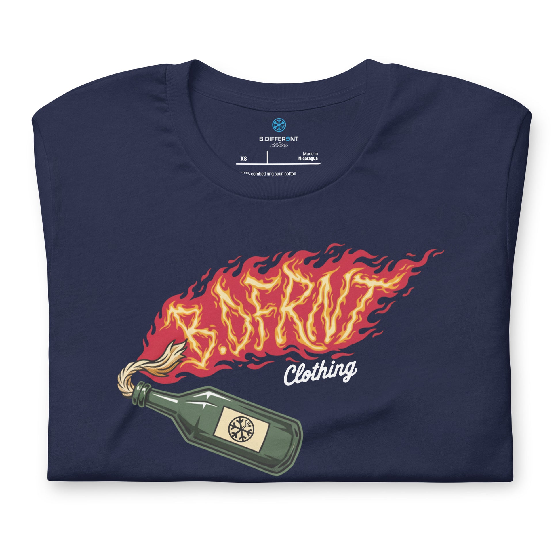 Navy-Molotov Graffiti Tee from B.Different Clothing, folded, graffiti-inspired streetwear t-shirt