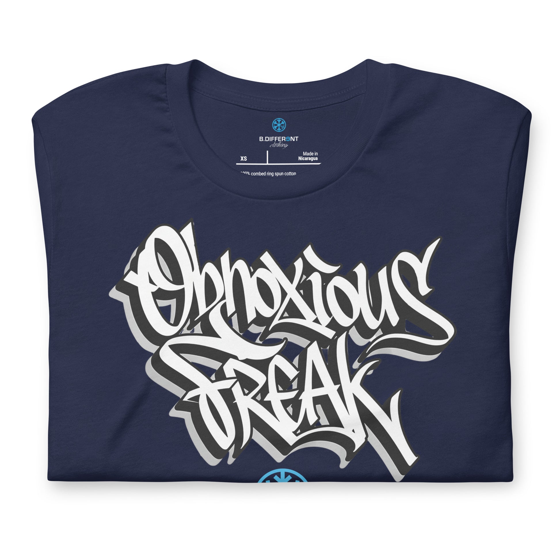 Navy-Obnoxious Freak Graffiti Tee from B.Different Clothing, folded, graffiti-inspired streetwear t-shirt