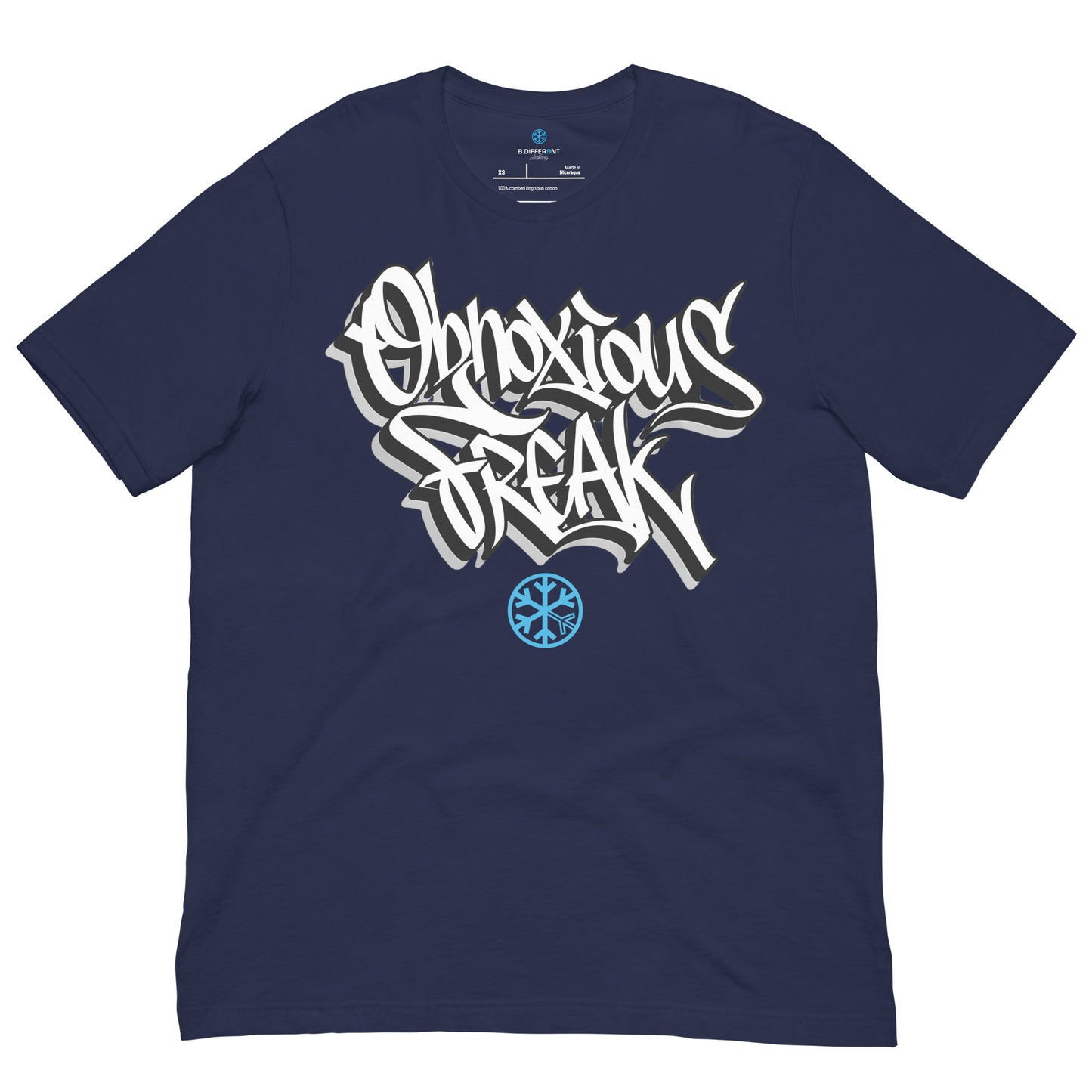 Navy-Obnoxious Freak Graffiti Tee from B.Different Clothing, front view, graffiti-inspired streetwear t-shirt