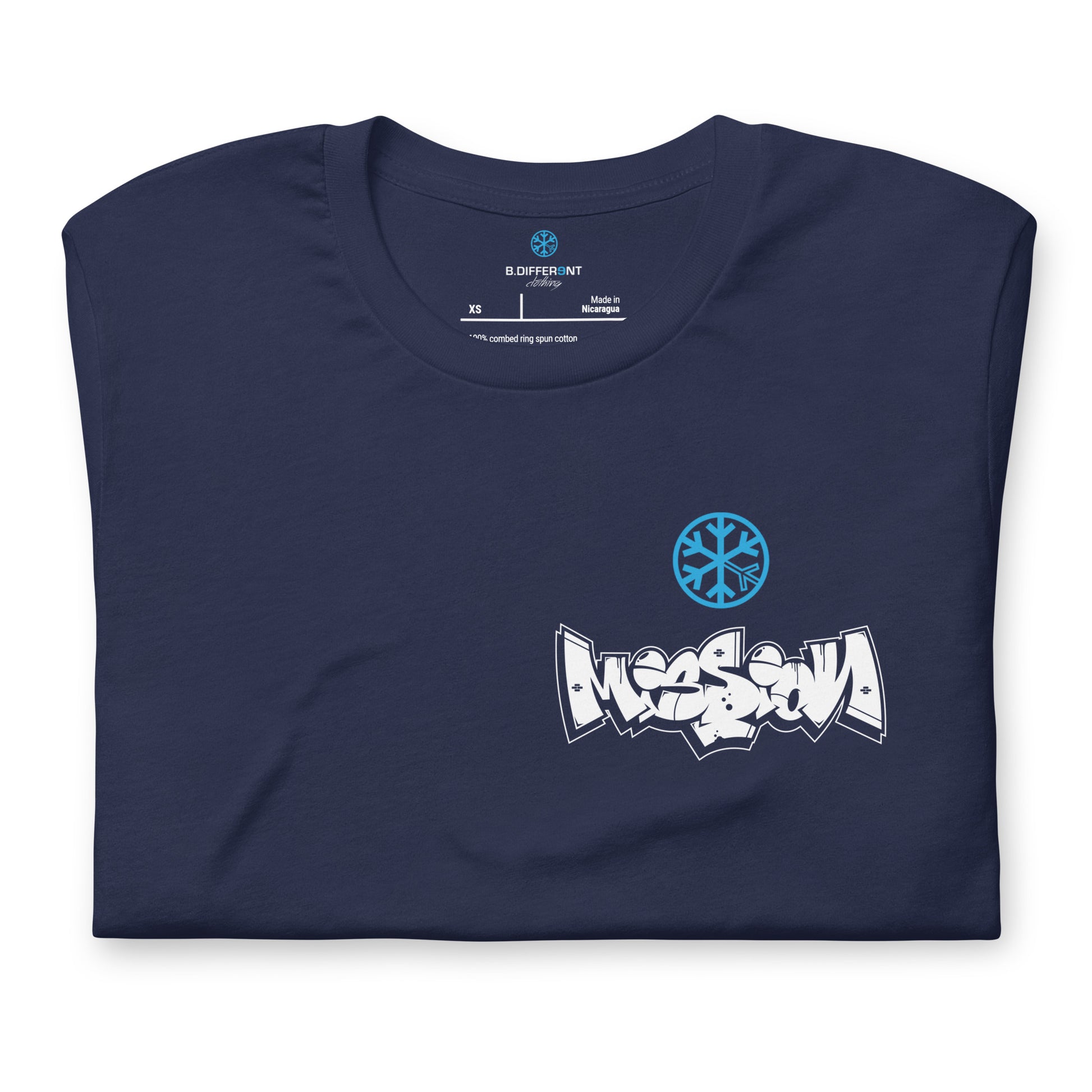 Navy-Mission Graffiti Character Tee from B.Different Clothing, folded, graffiti-inspired streetwear t-shirt