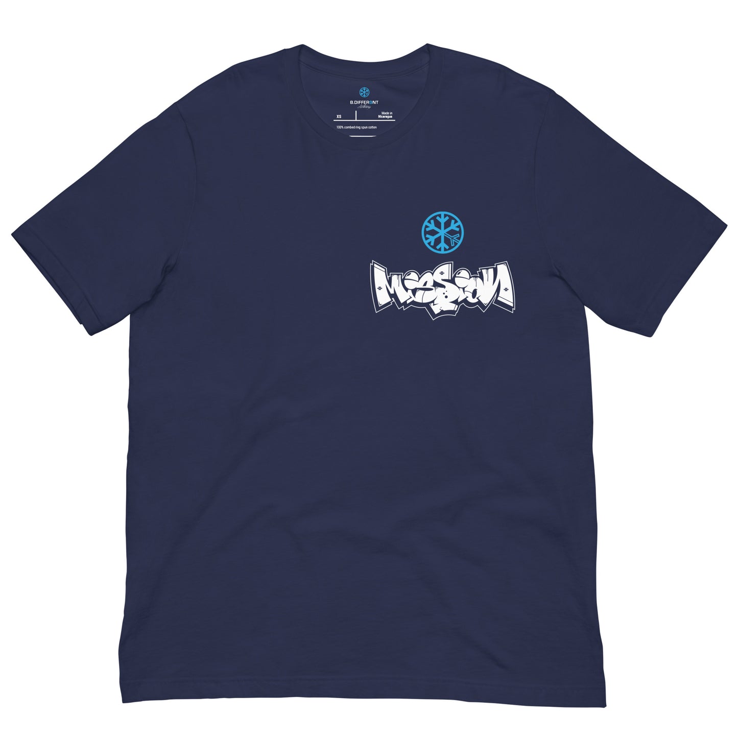 Navy-Mission Graffiti Character Tee from B.Different Clothing, front view, graffiti-inspired streetwear t-shirt