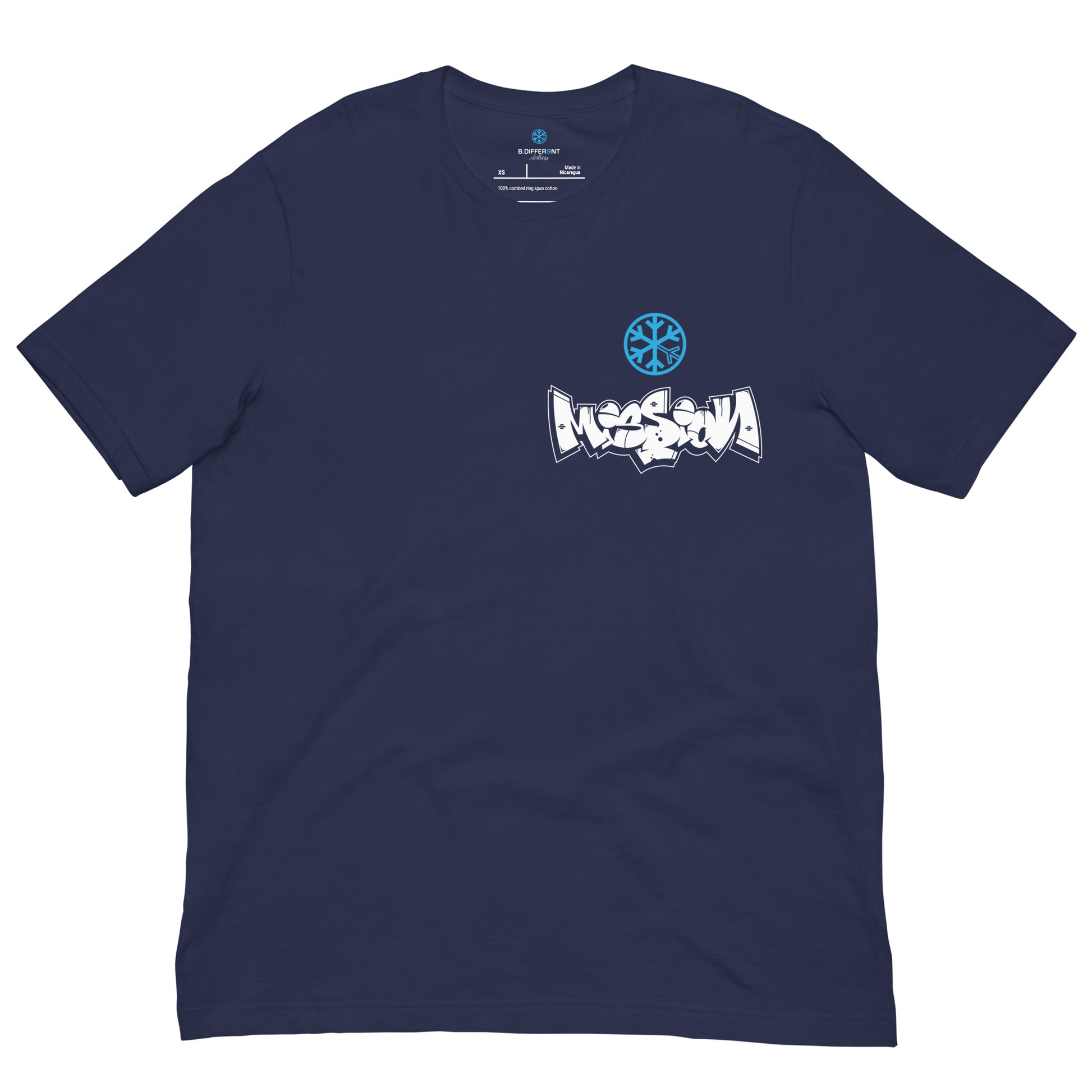 Navy-Mission Graffiti Character Tee from B.Different Clothing, front view, graffiti-inspired streetwear t-shirt