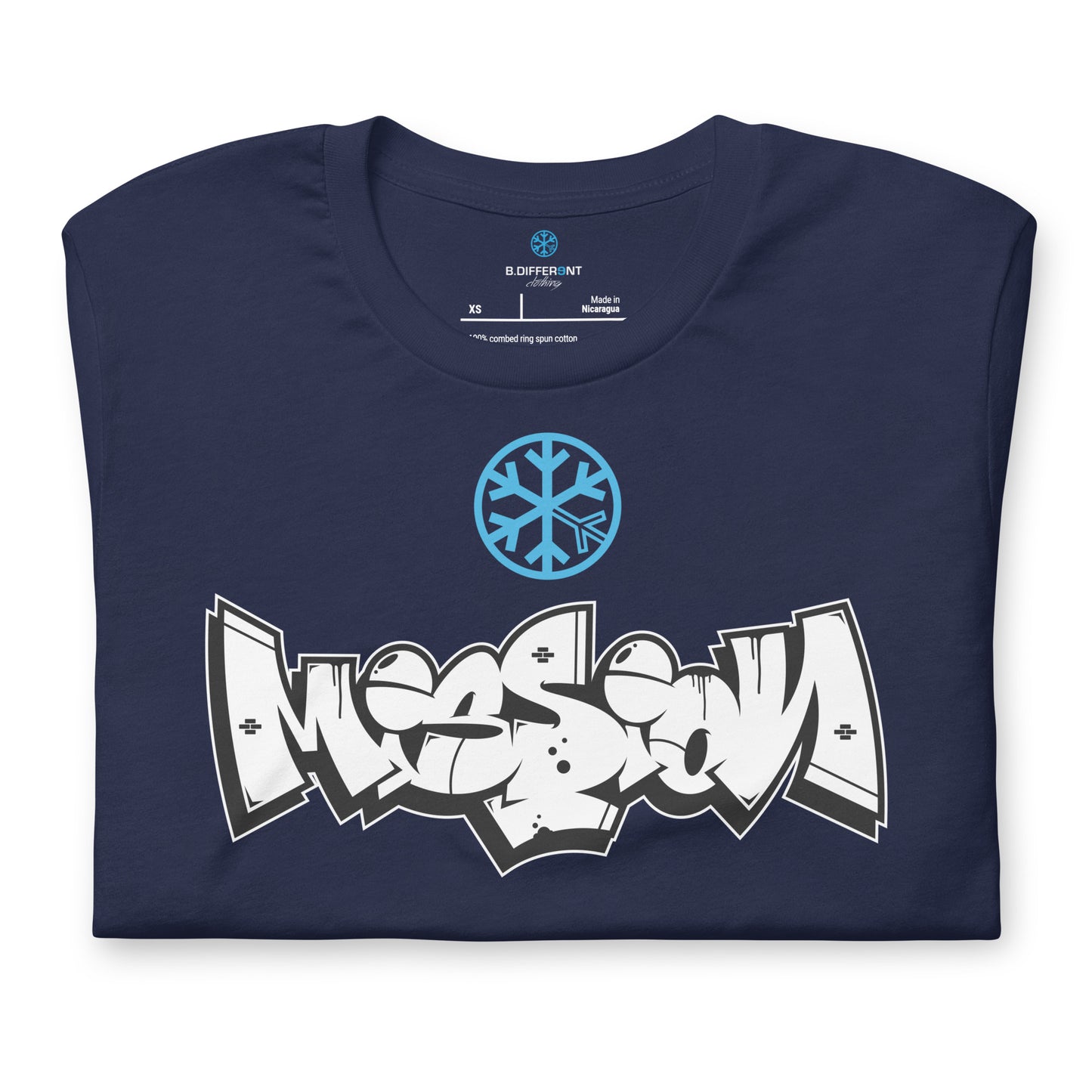 Navy-Mission Graffiti Piece Tee from B.Different Clothing, folded, graffiti-inspired streetwear t-shirt