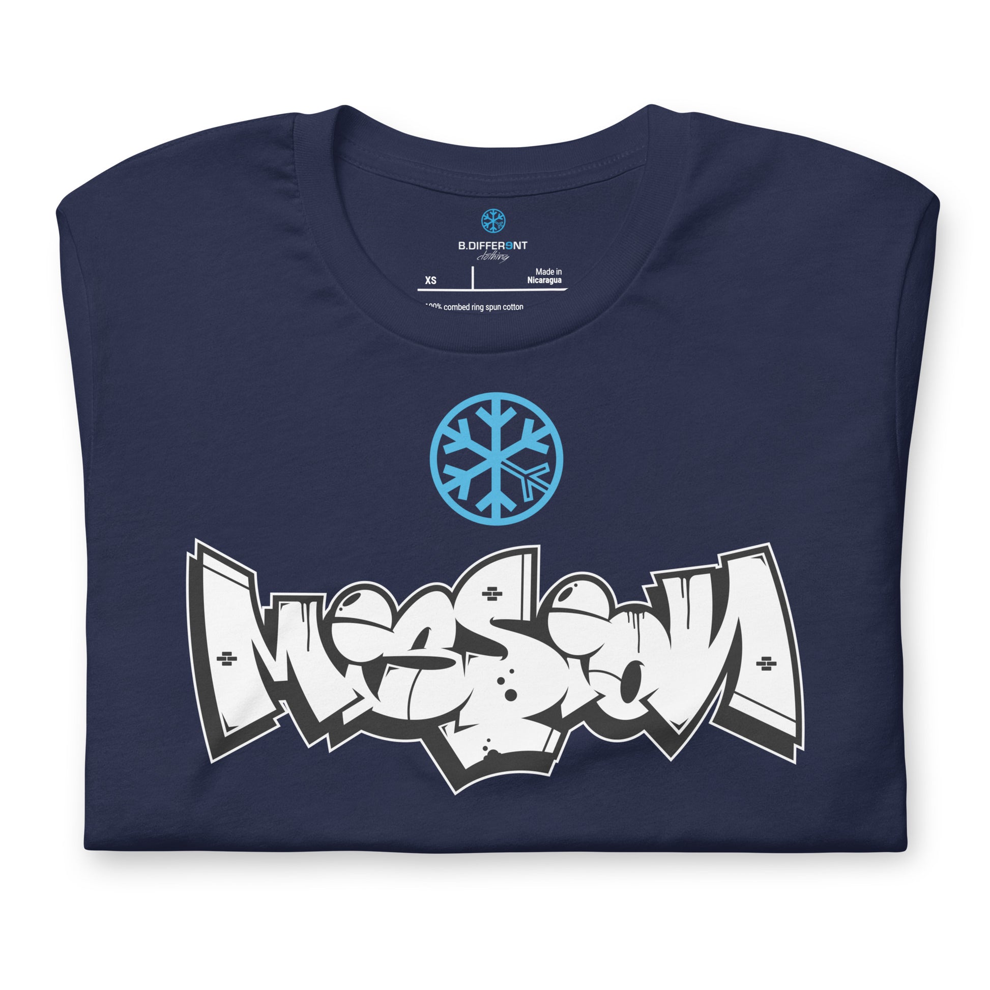 Navy-Mission Graffiti Piece Tee from B.Different Clothing, folded, graffiti-inspired streetwear t-shirt