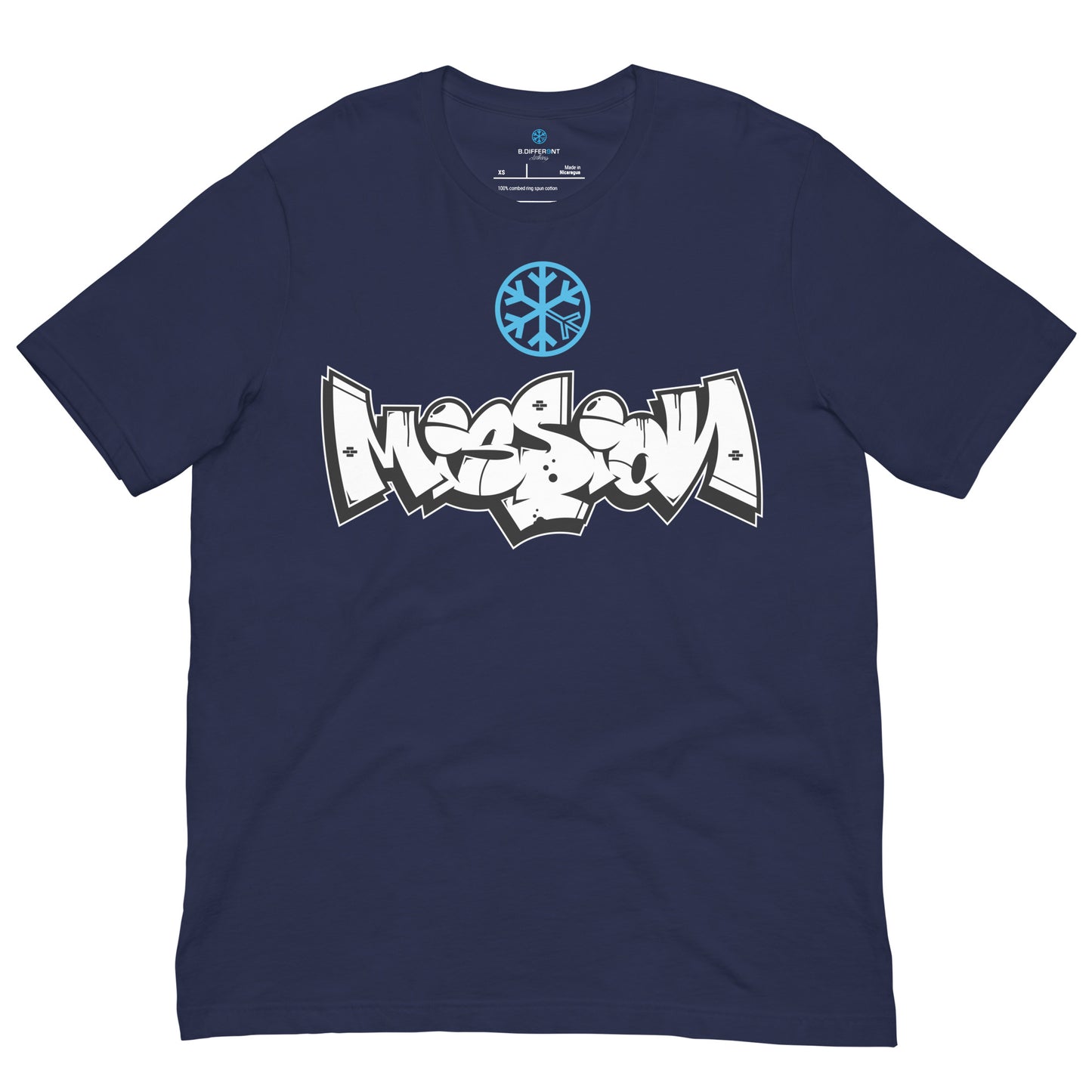 Navy-Mission Graffiti Piece Tee from B.Different Clothing, front view, graffiti-inspired streetwear t-shirt