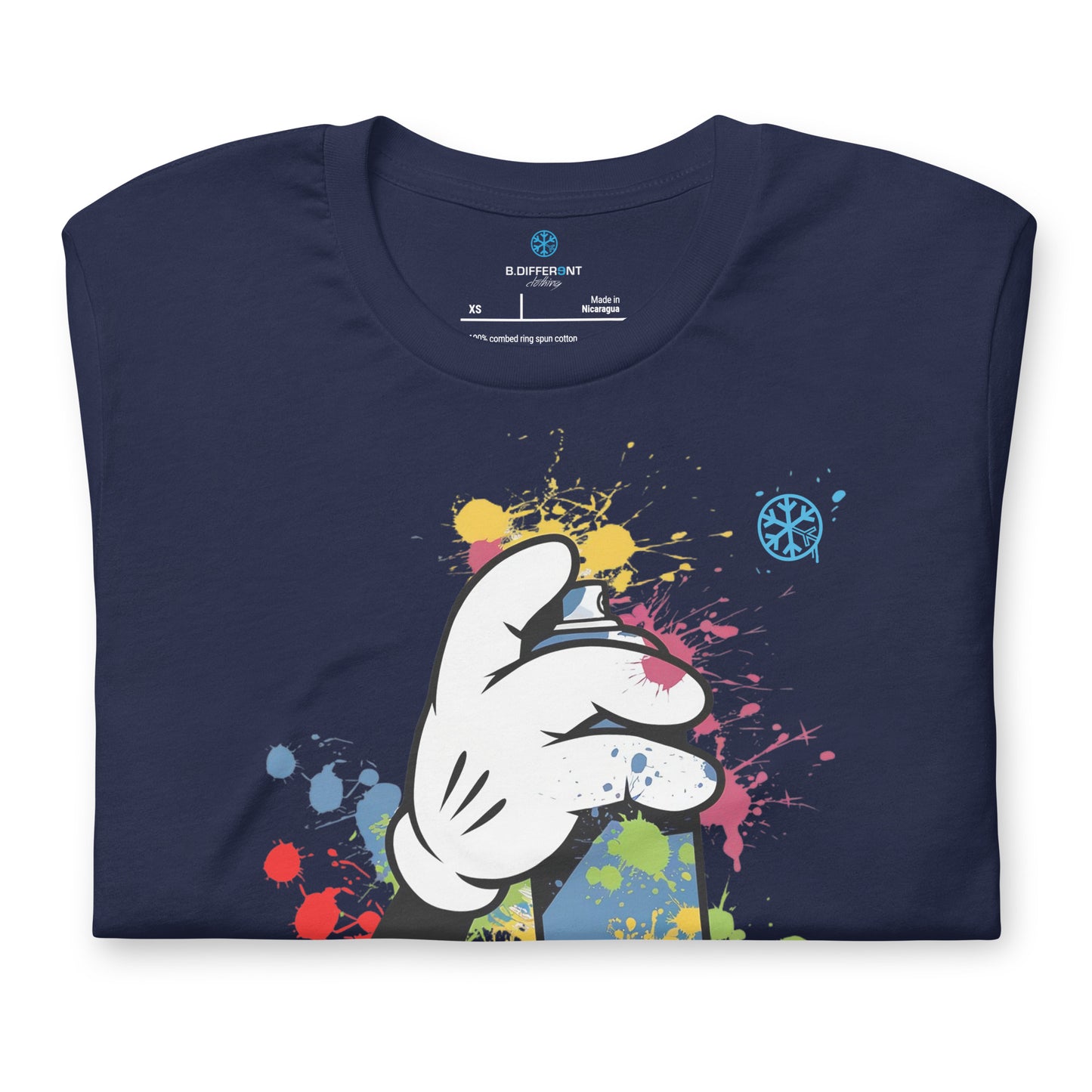 Navy-Hand Spray Can Graffiti Tee from B.Different Clothing, folded, graffiti-inspired streetwear t-shirt