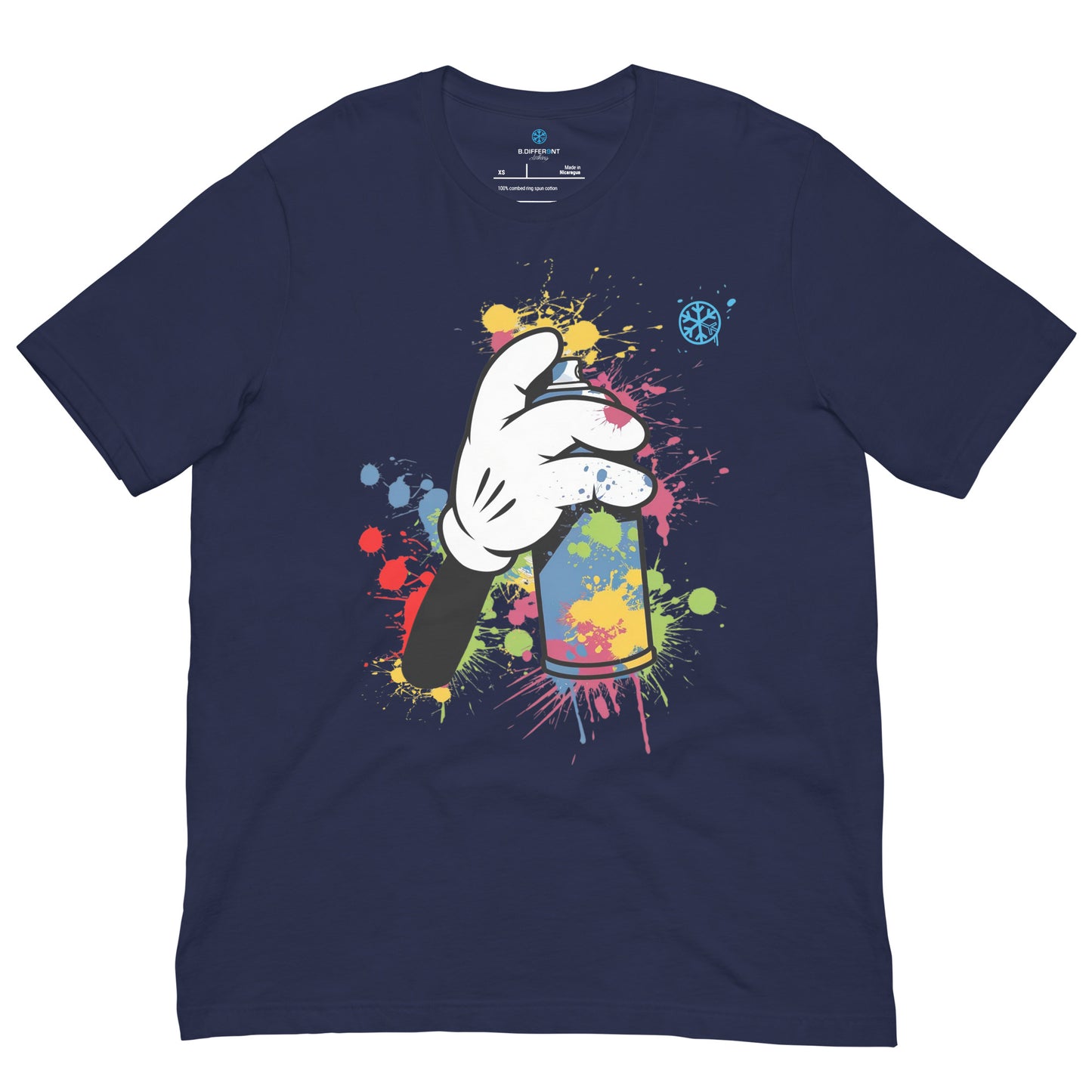 Navy-Hand Spray Can Graffiti Tee from B.Different Clothing, front view, graffiti-inspired streetwear t-shirt