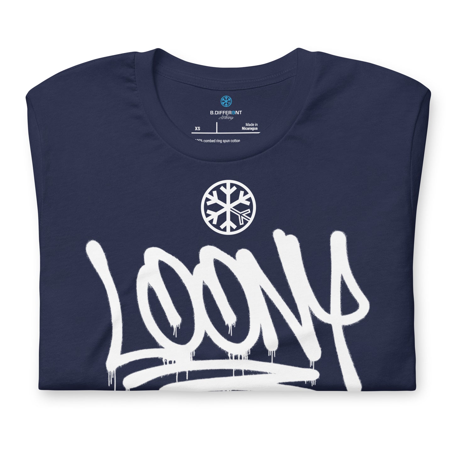 Navy-Loony Graffiti Tag Tee from B.Different Clothing, folded, graffiti-inspired streetwear t-shirt