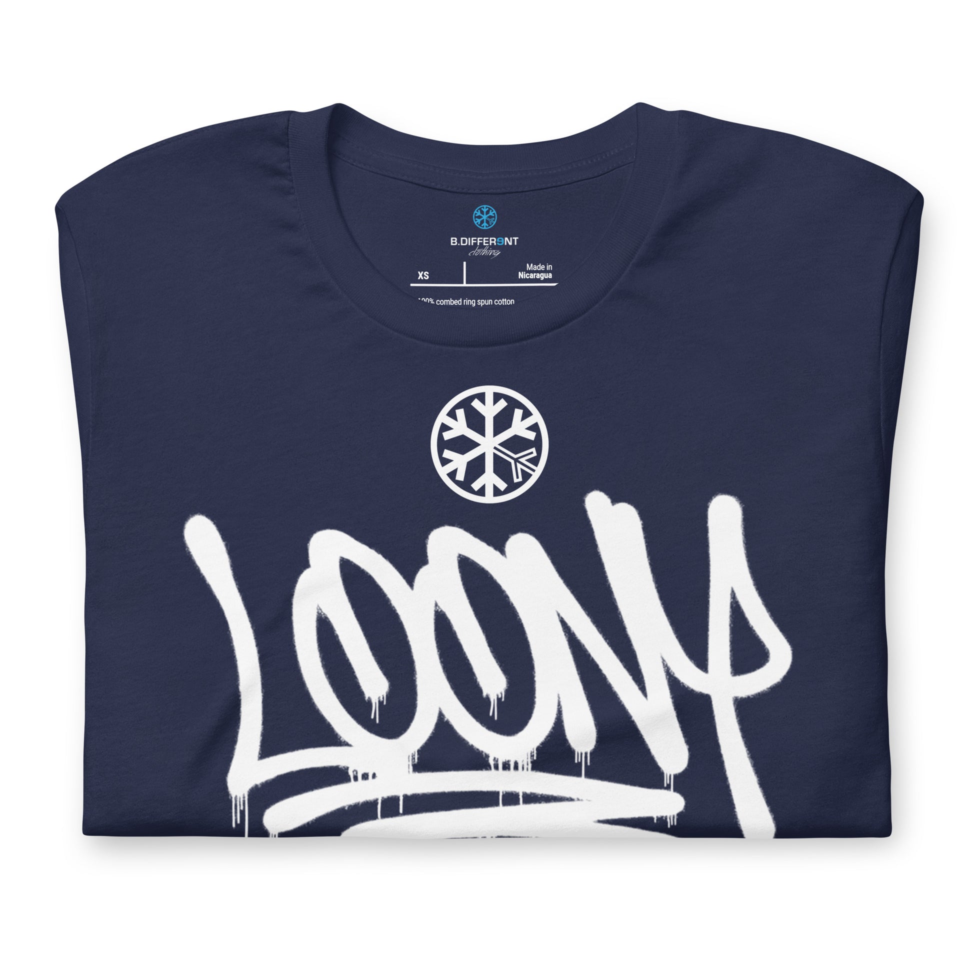 Navy-Loony Graffiti Tag Tee from B.Different Clothing, folded, graffiti-inspired streetwear t-shirt
