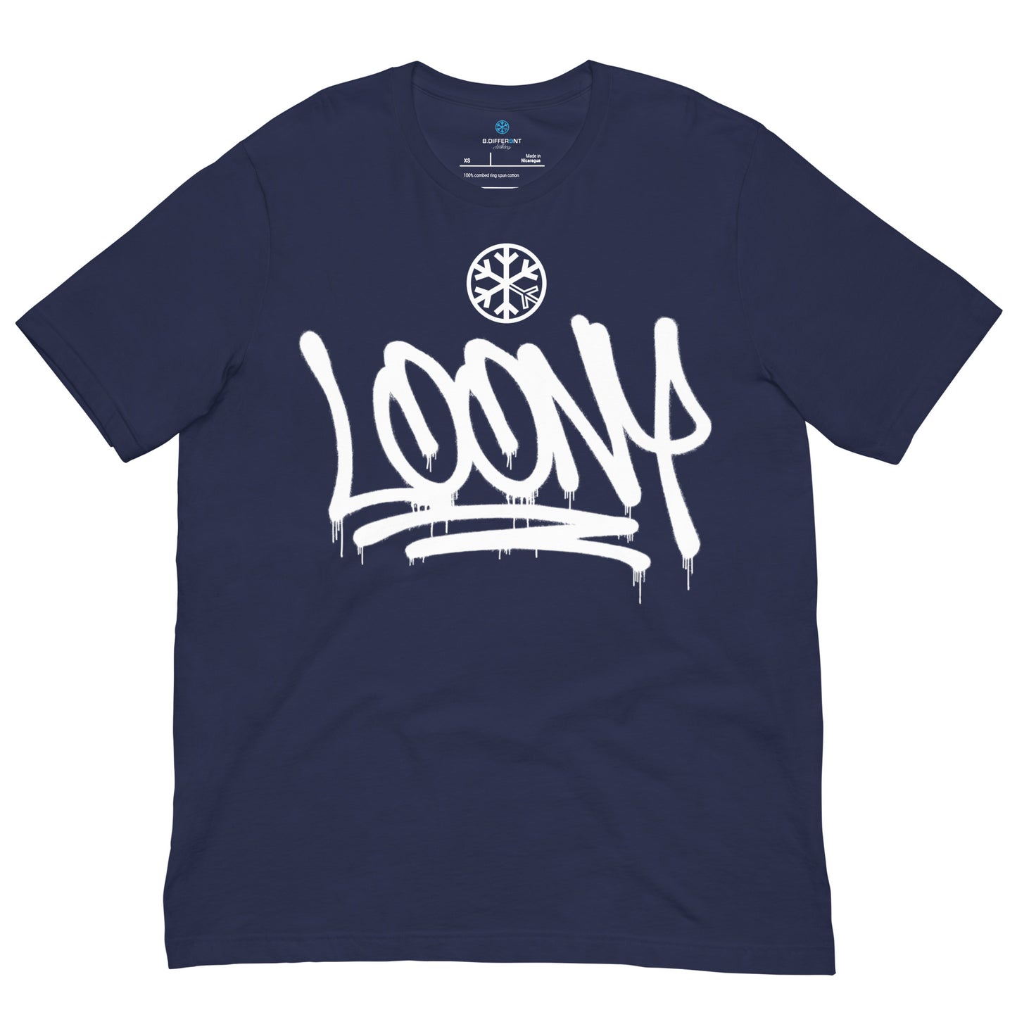 Navy-Loony Graffiti Tag Tee from B.Different Clothing, front view, graffiti-inspired streetwear t-shirt