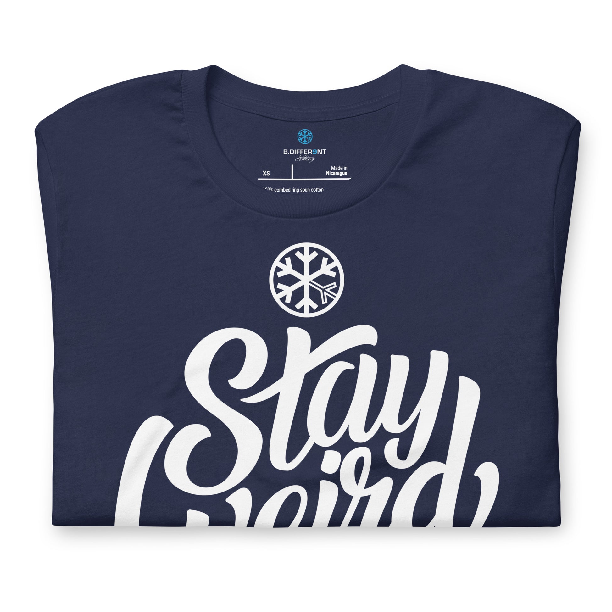 Navy-Stay Weird Tee from B.Different Clothing, folded, graffiti-inspired streetwear t-shirt